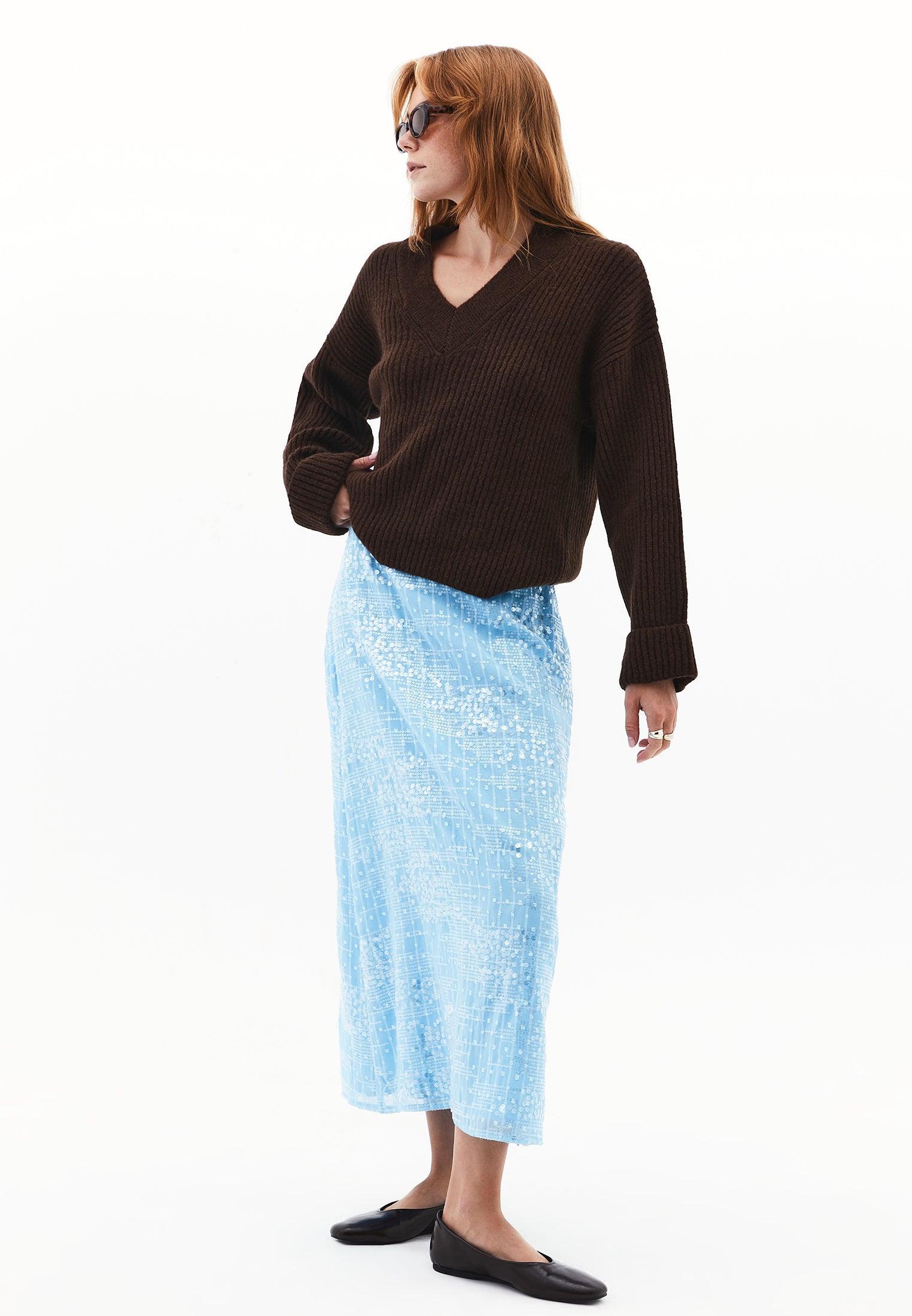 V Neck Knit Sweater - CHOCOLATE TORTE