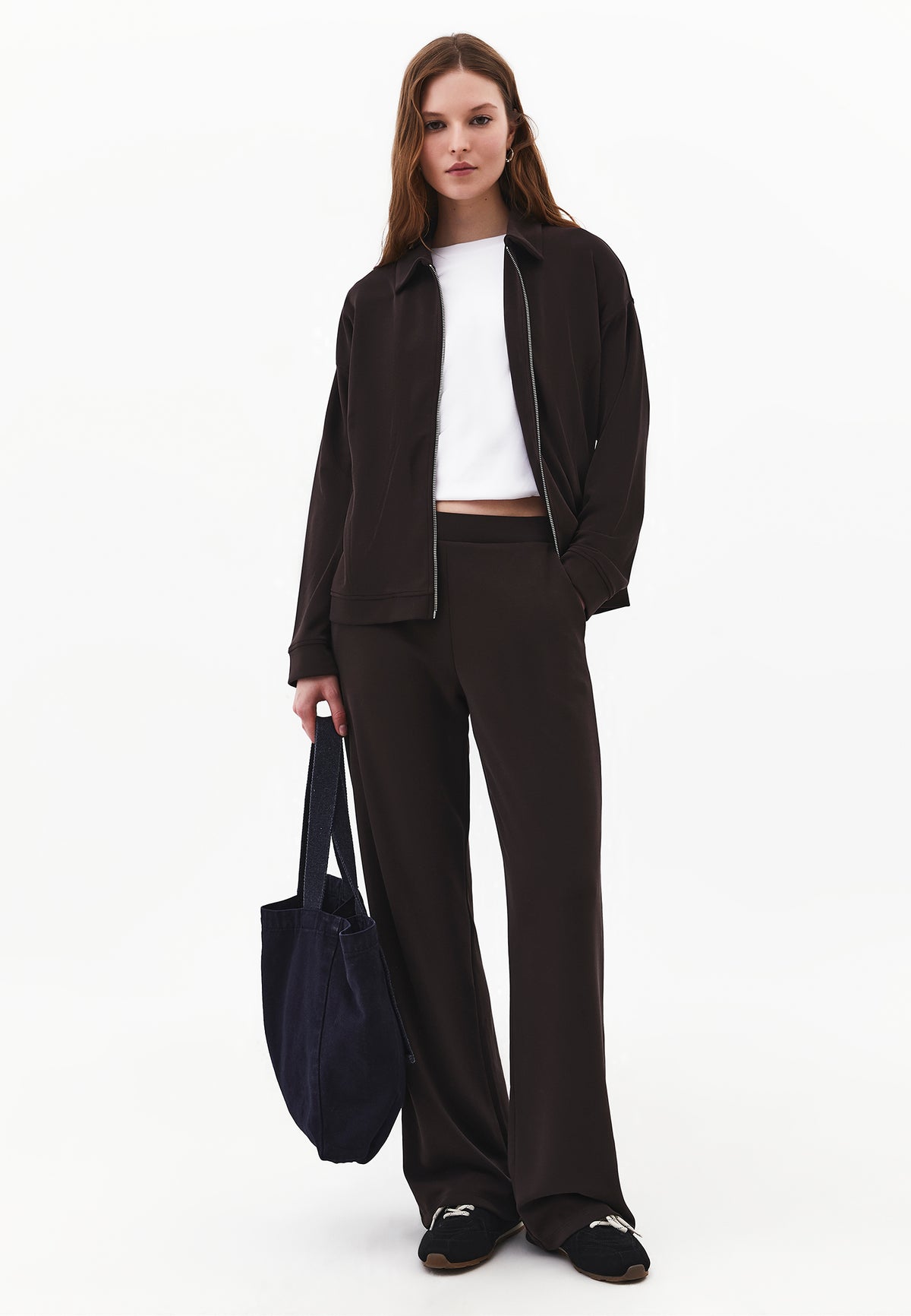 Zip Detail Polo Collar Sweatshirt - CHOCOLATE TORTE