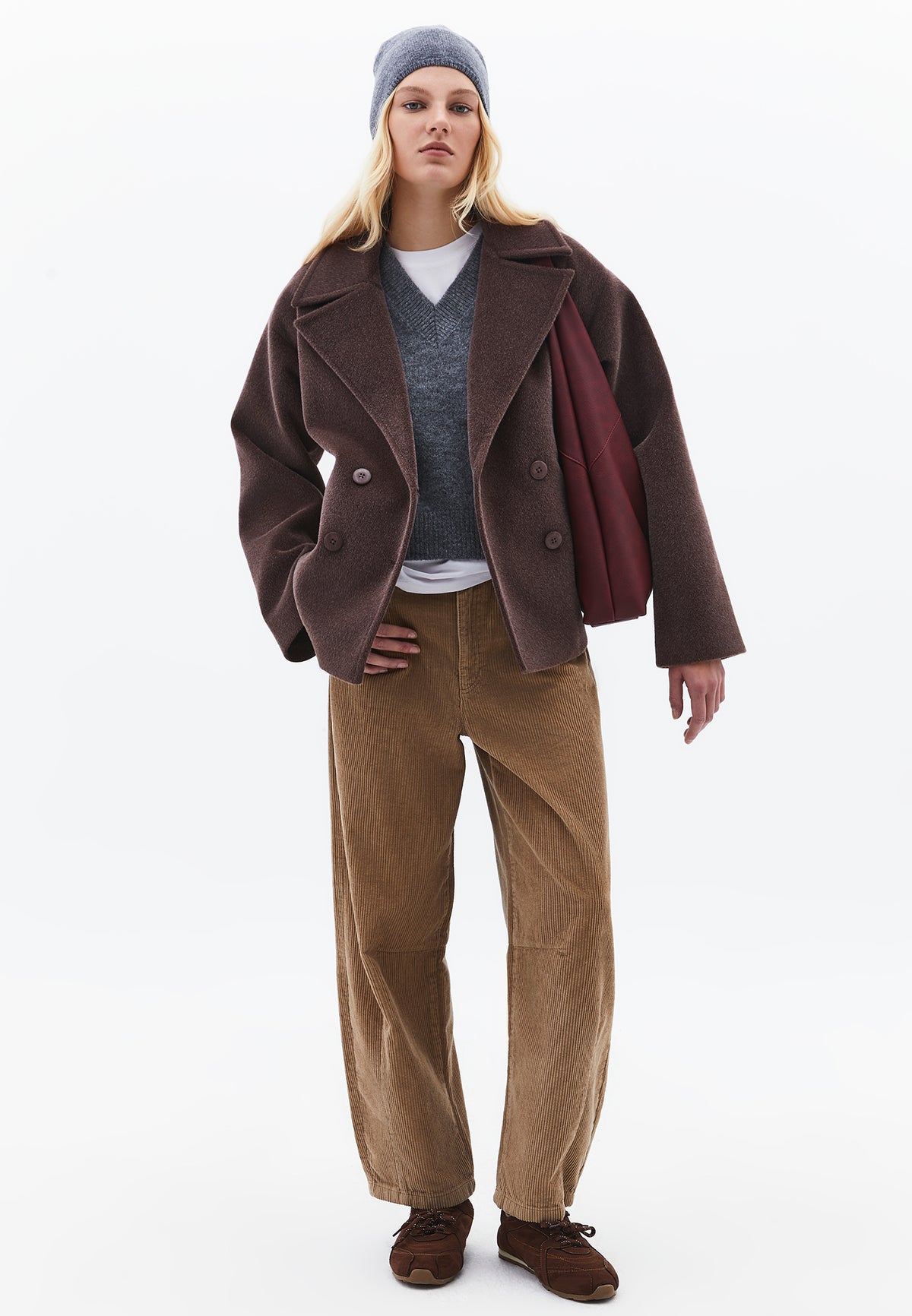 Double-Breasted Collar Button Detailed Coat - Brown