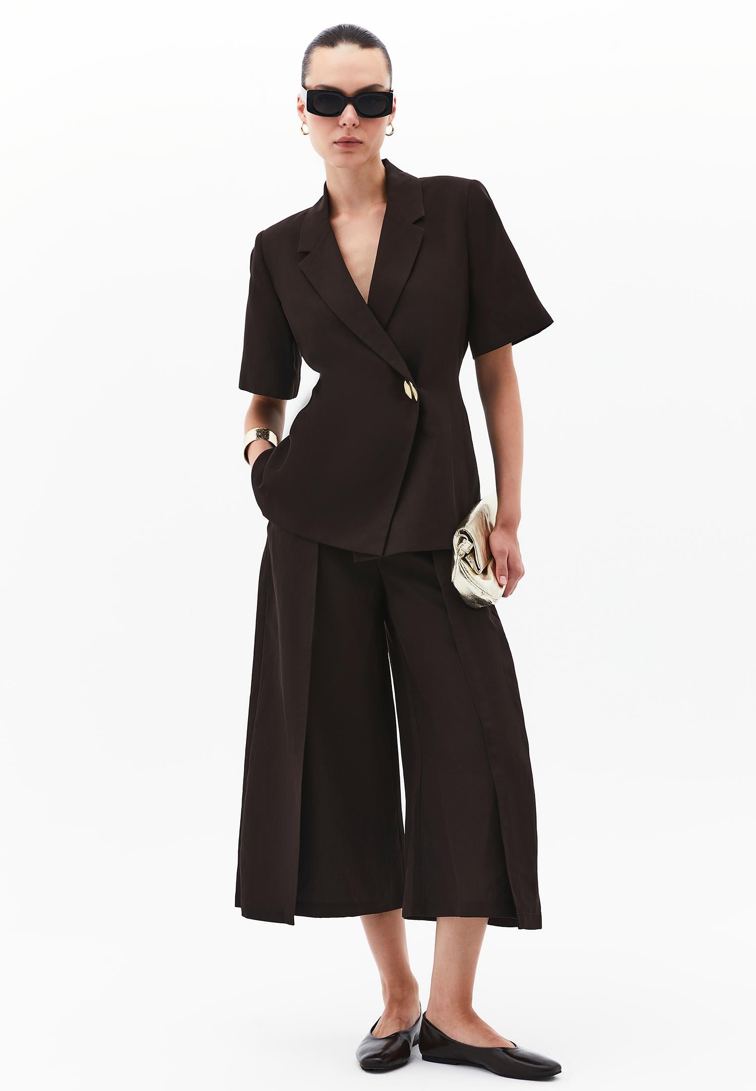 Pleated High Waist Cropped Culotte Pants - CHOCOLATE TORTE