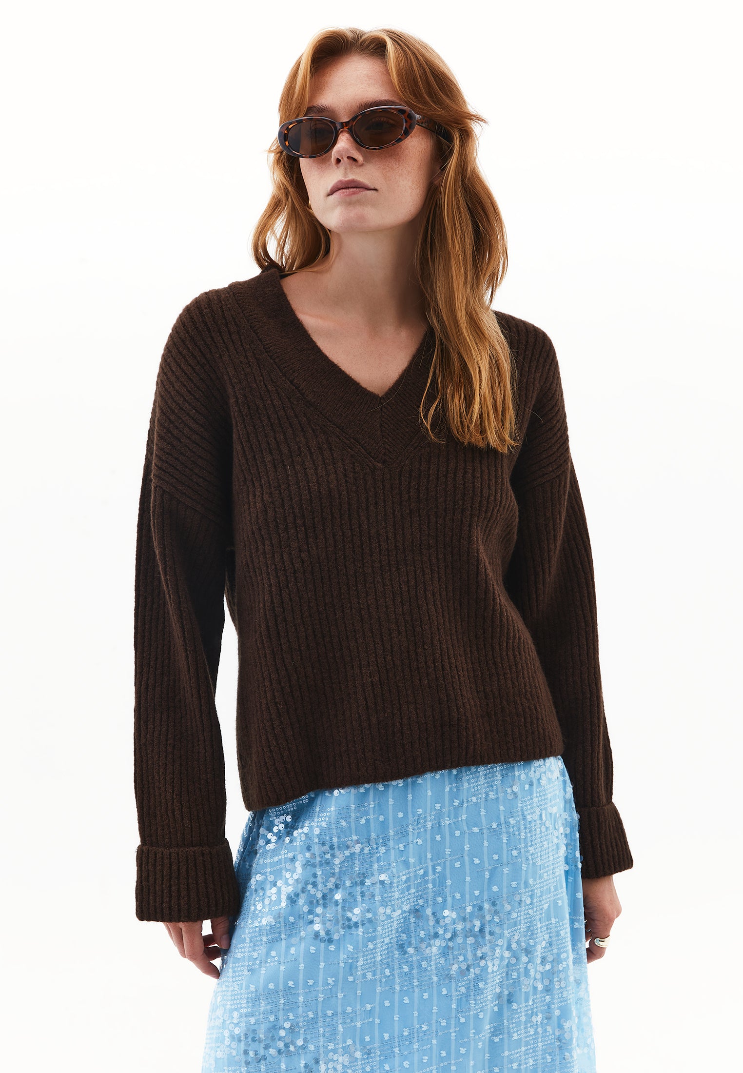 V Neck Knit Sweater - CHOCOLATE TORTE