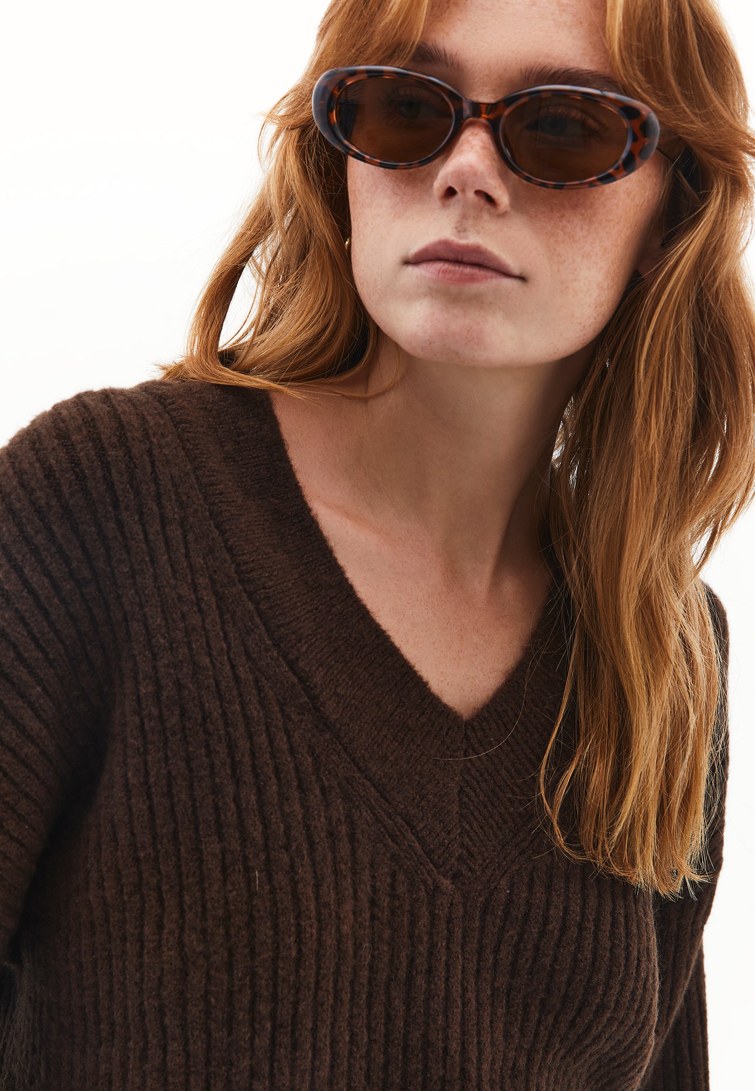 V Neck Knit Sweater - CHOCOLATE TORTE