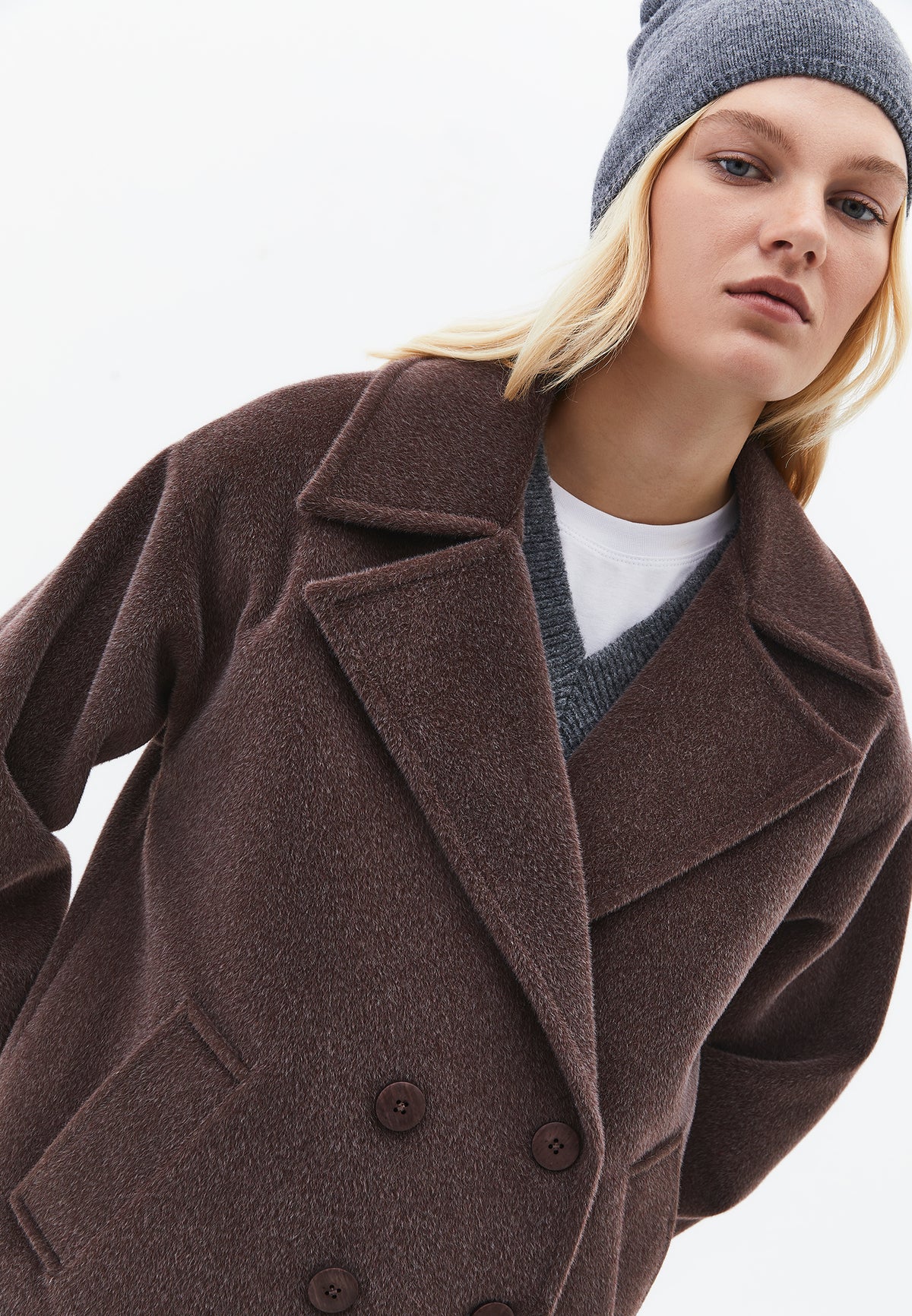 Double-Breasted Collar Button Detailed Coat - Brown