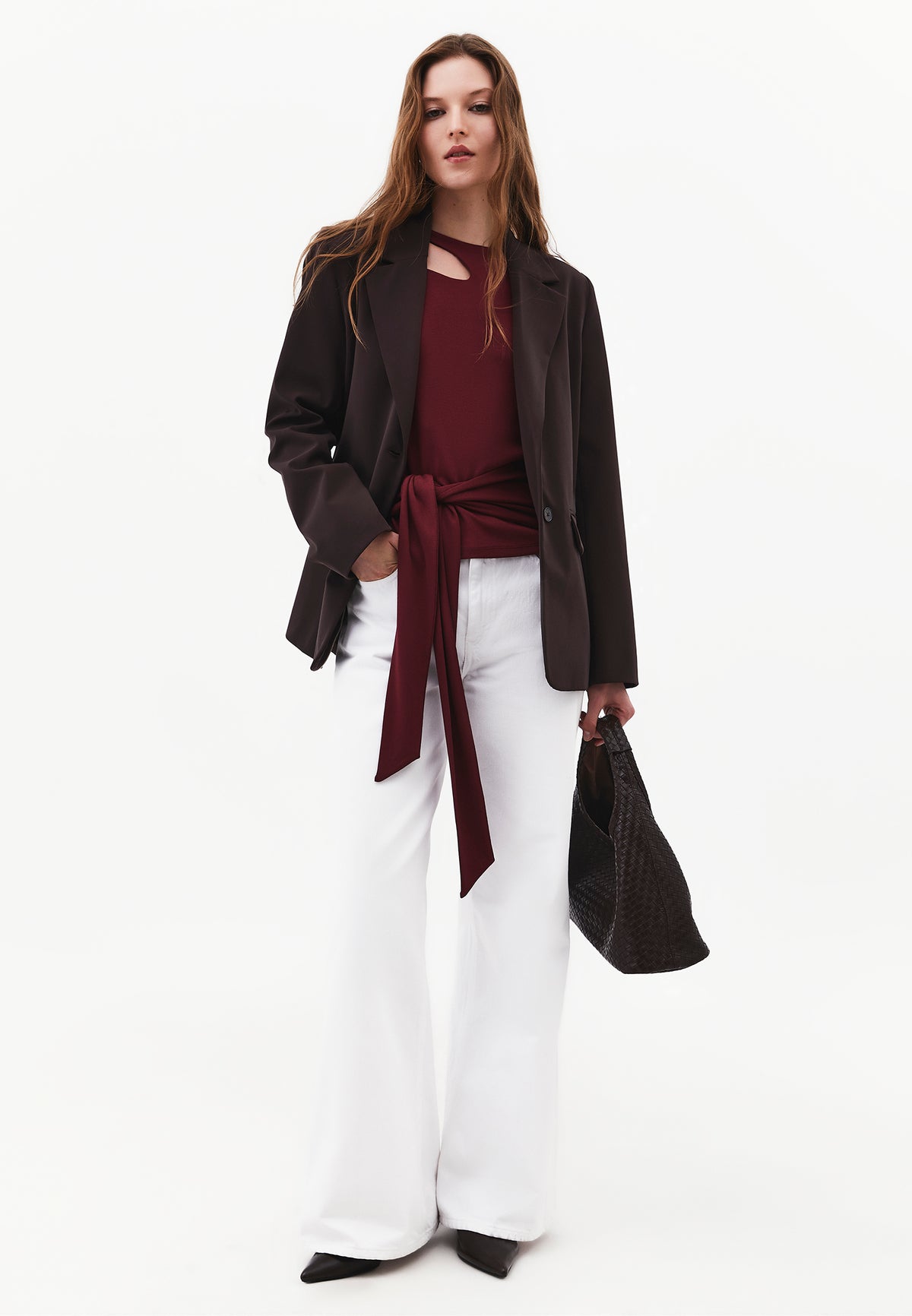 Long Sleeve Crew Neck Blouse with Cut-Out and Tie Detail - CHOCOLATE TRUFFLE