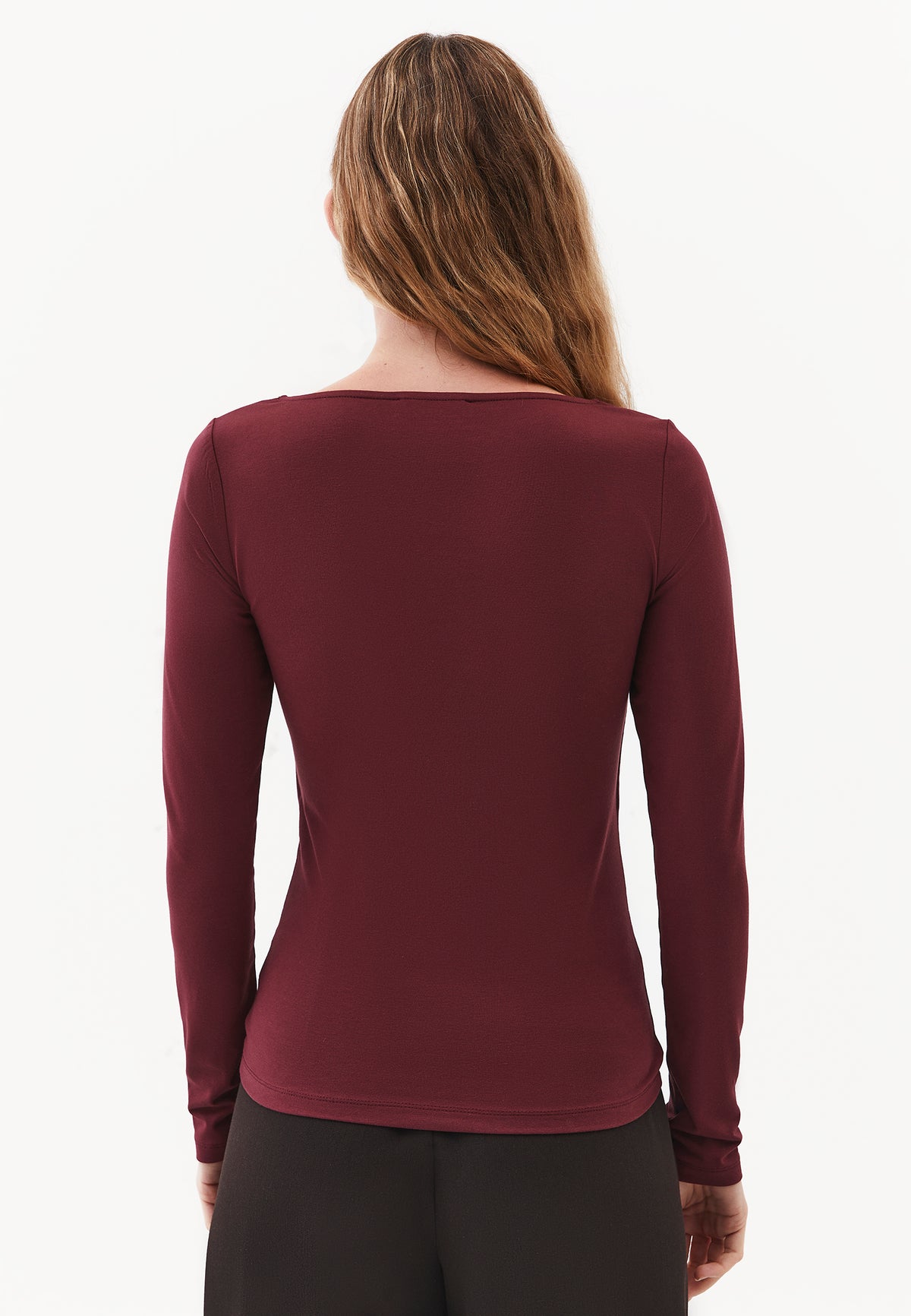 Long Sleeve U Neck Bodycon T-Shirt - Burgundy