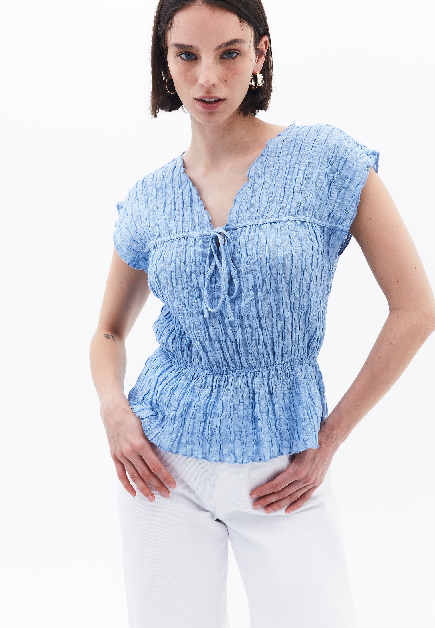 V Neck Short Sleeve Blouse - CLEAR SKY
