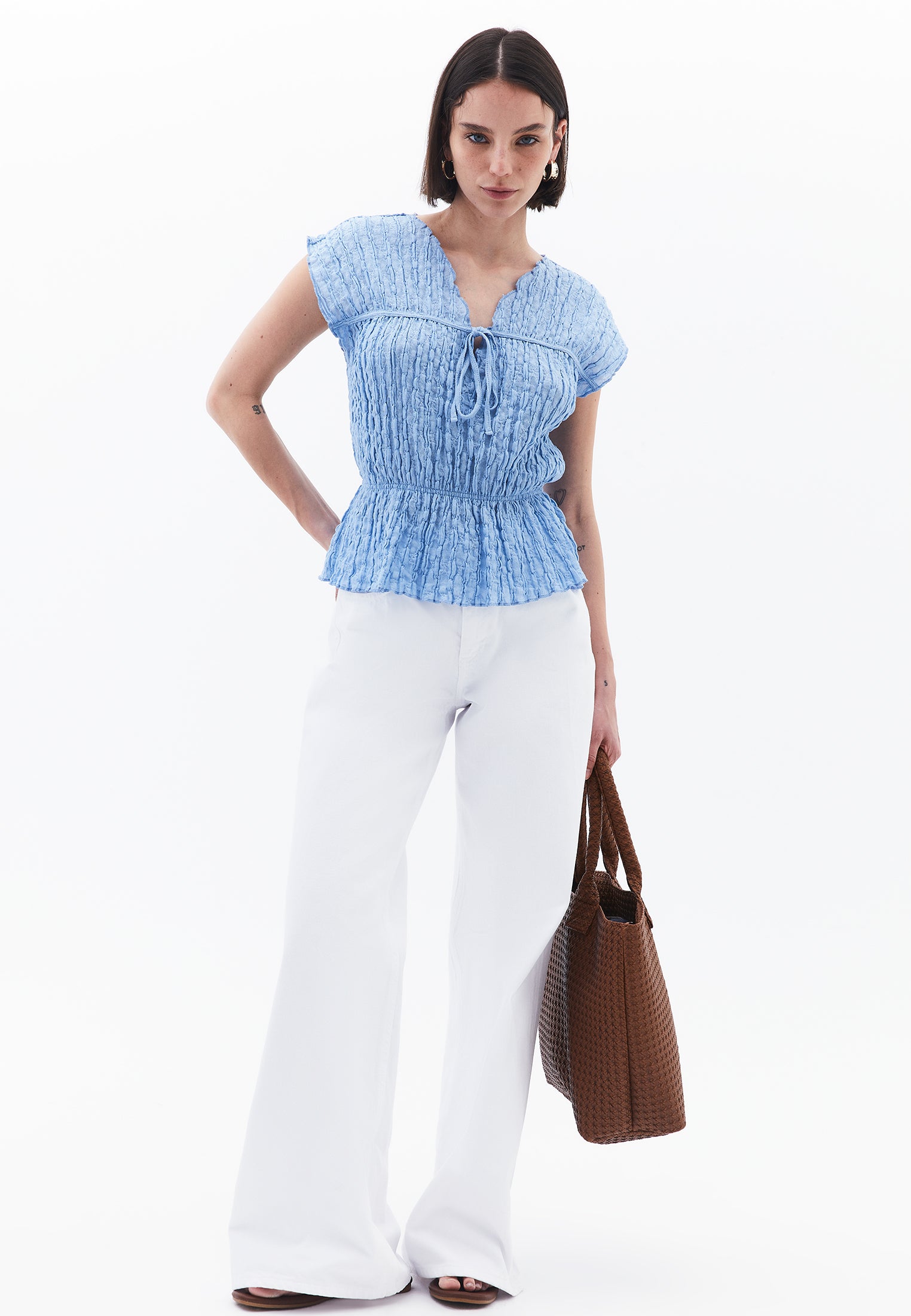 V Neck Short Sleeve Blouse - CLEAR SKY