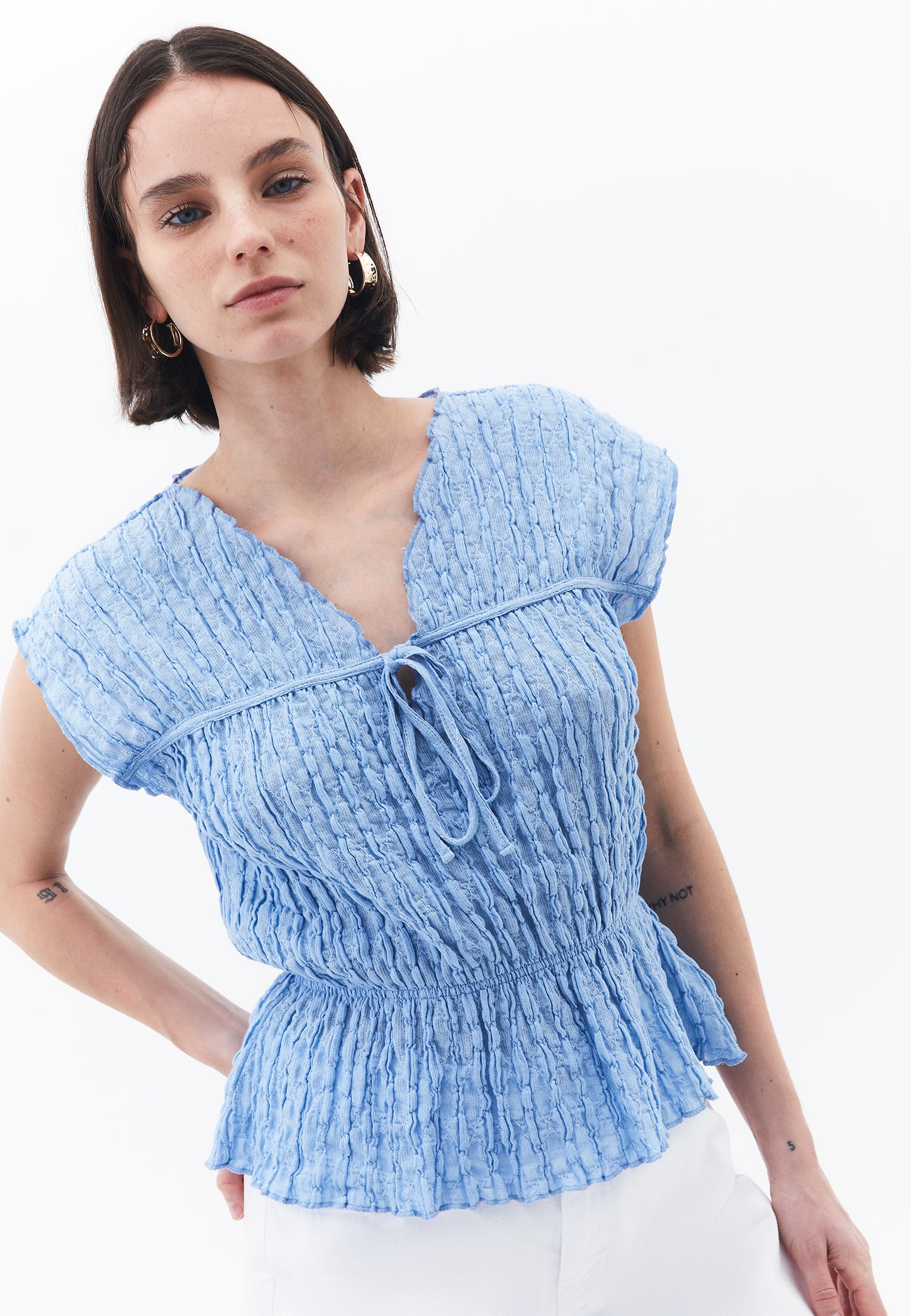 V Neck Short Sleeve Blouse - CLEAR SKY