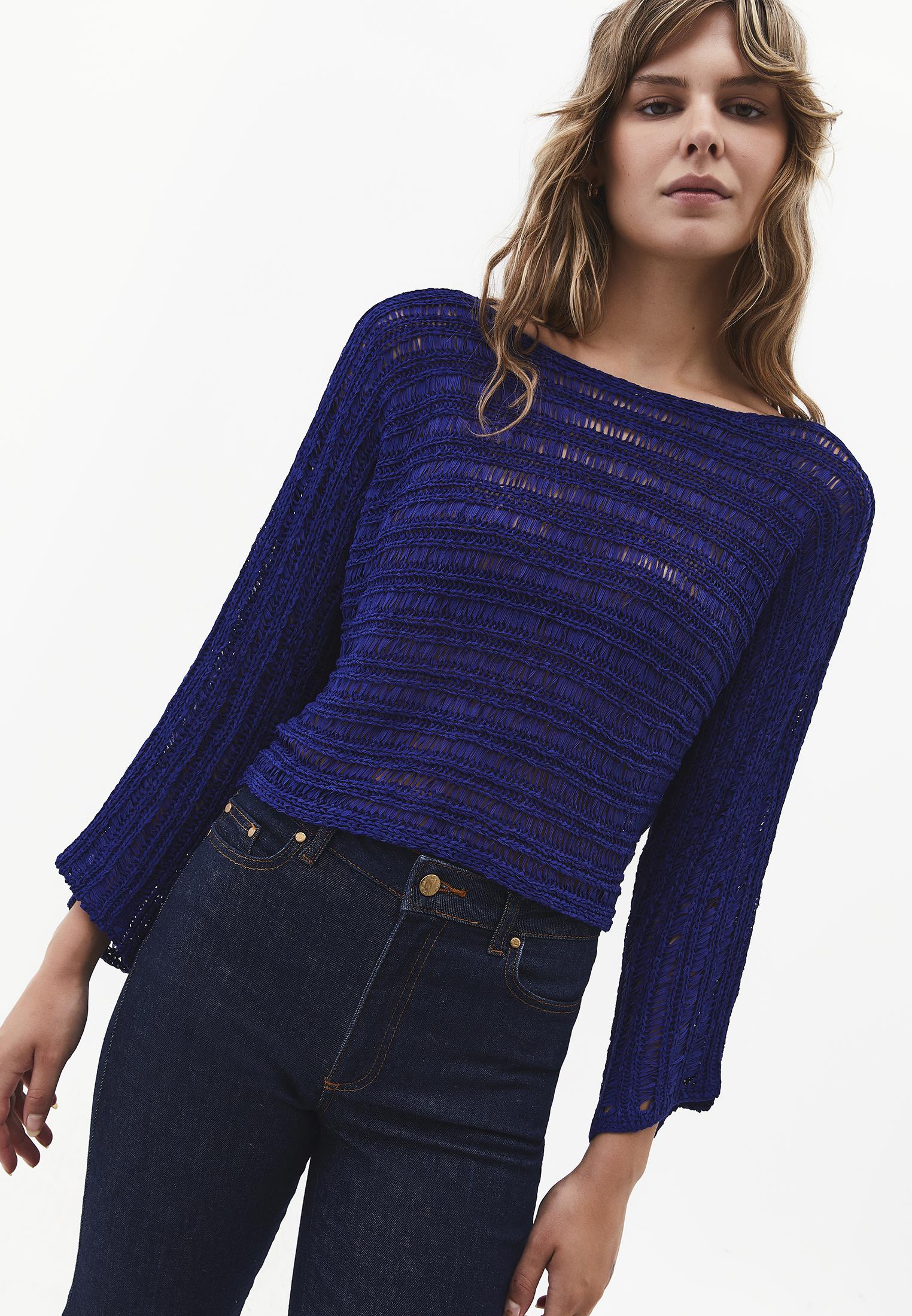 Openwork Boat Neck Long Sleeve Knit Sweater - CLEMATIS BLUE