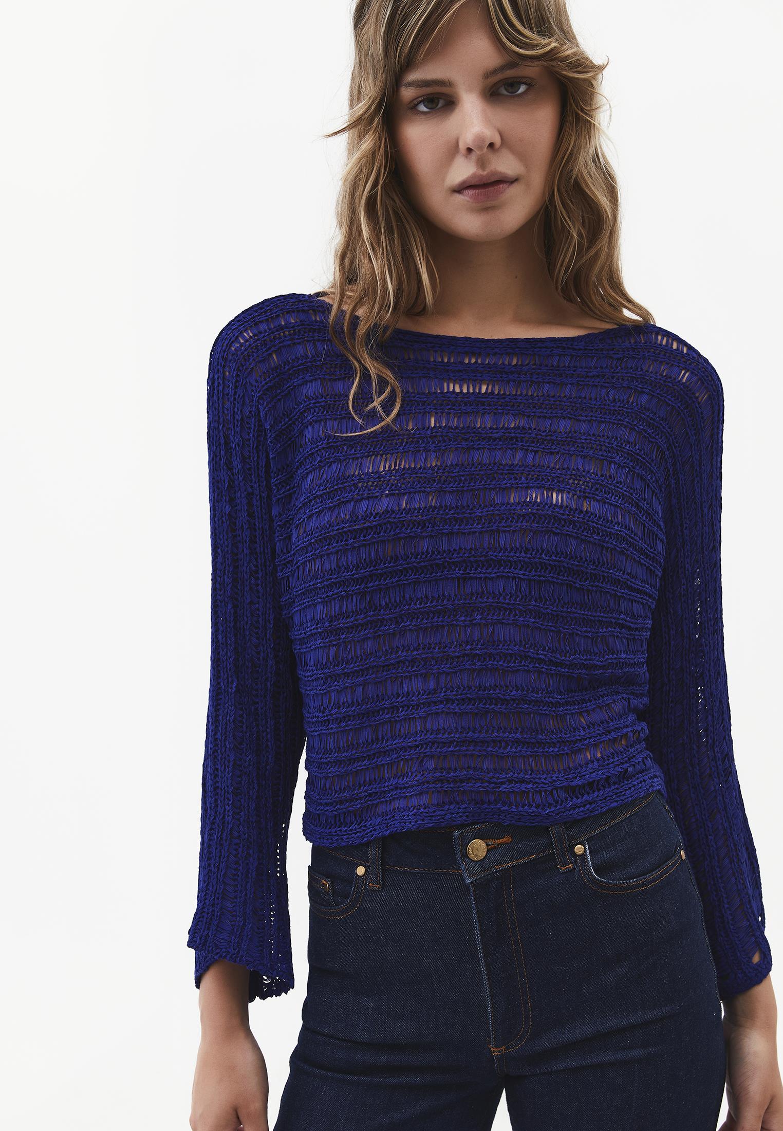 Openwork Boat Neck Long Sleeve Knit Sweater - CLEMATIS BLUE
