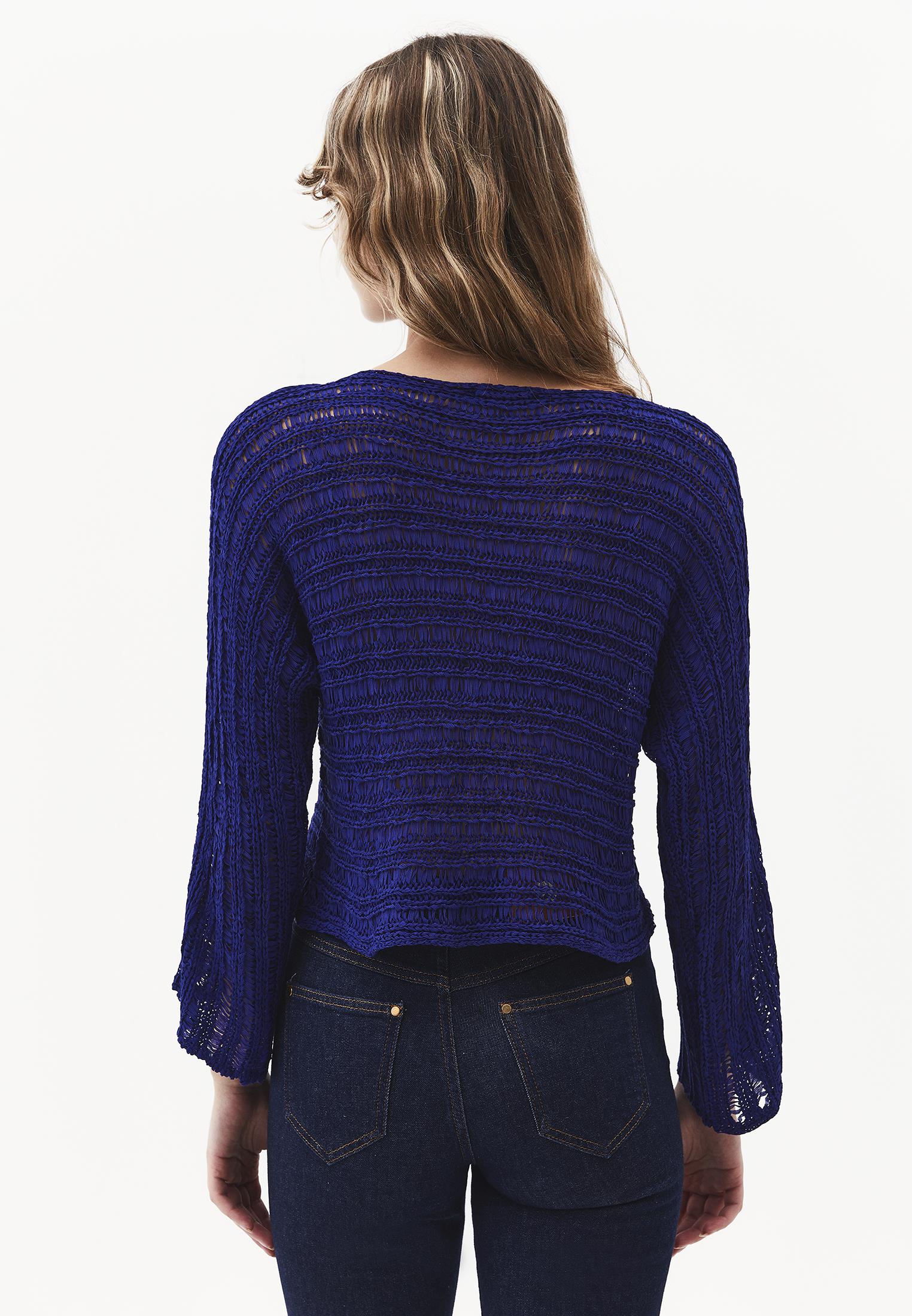 Openwork Boat Neck Long Sleeve Knit Sweater - CLEMATIS BLUE
