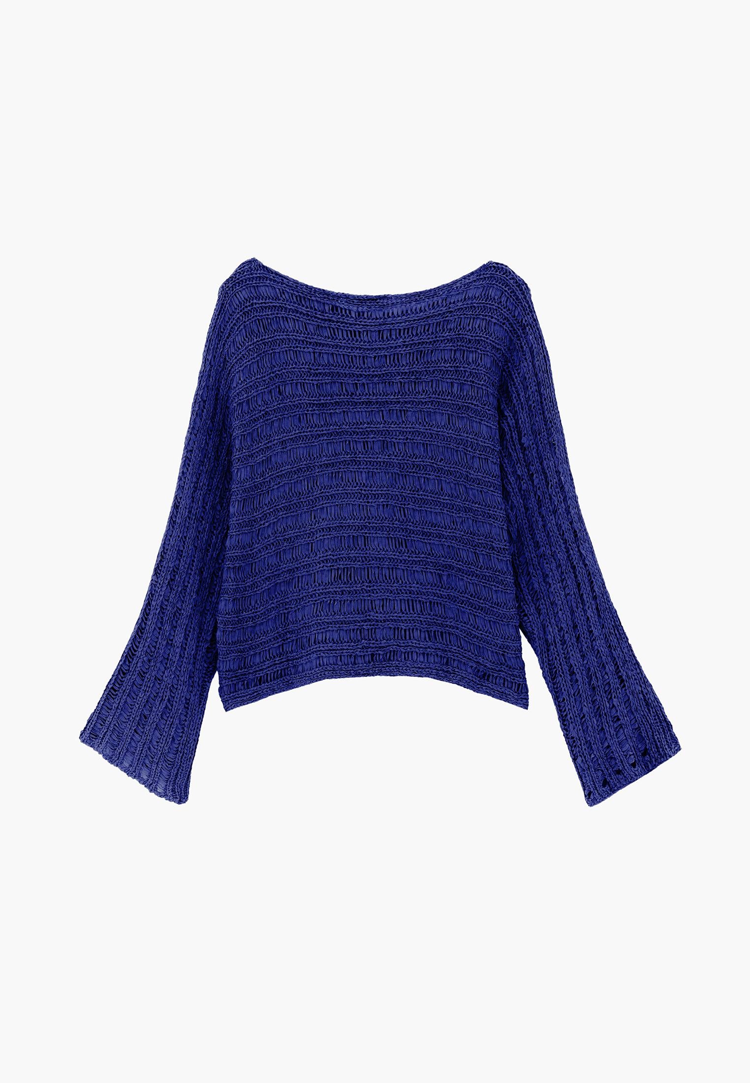 Openwork Boat Neck Long Sleeve Knit Sweater - CLEMATIS BLUE