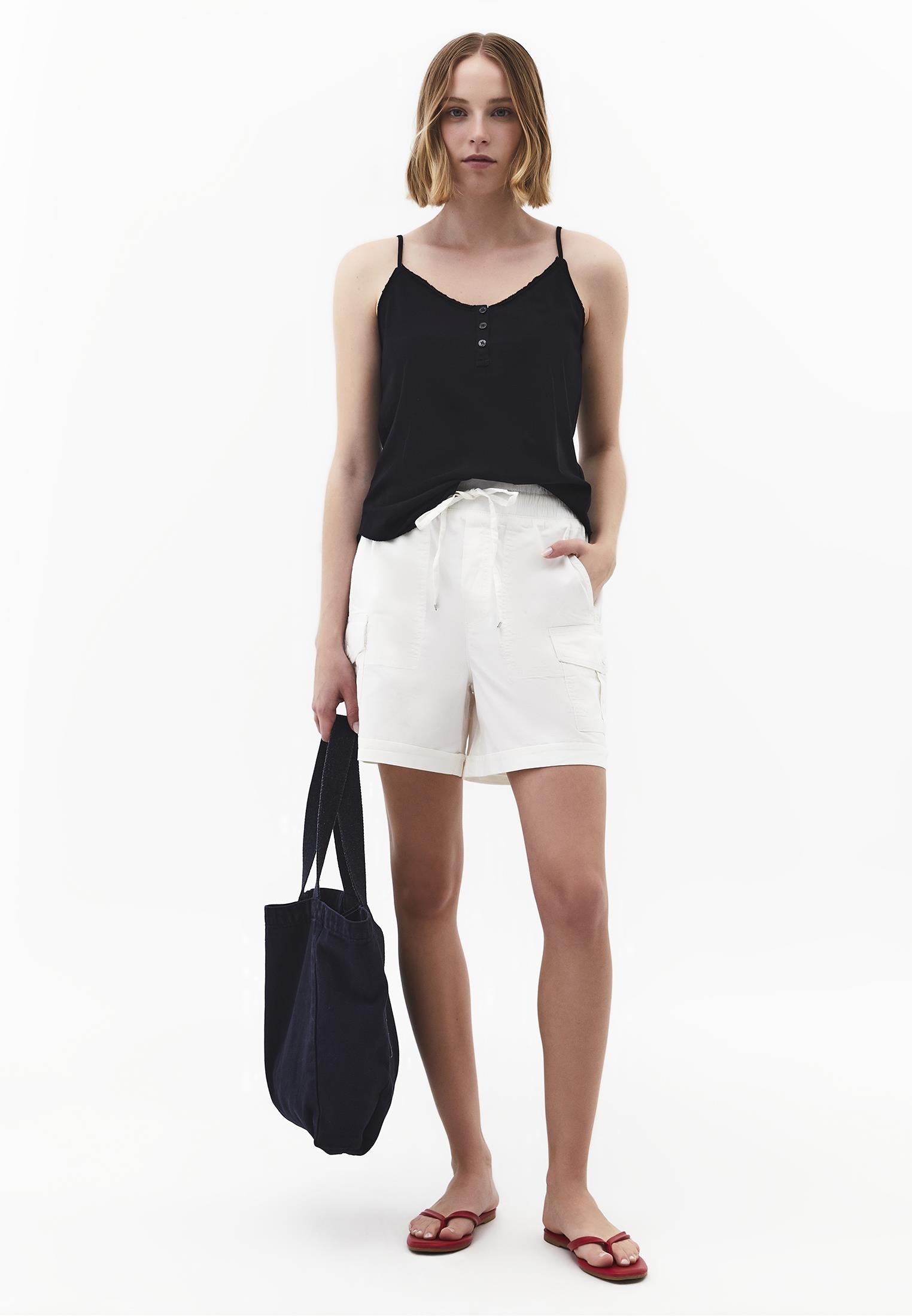 Ultra High Waist Elastic Waistband Tie Shorts - CLOUD DANCER