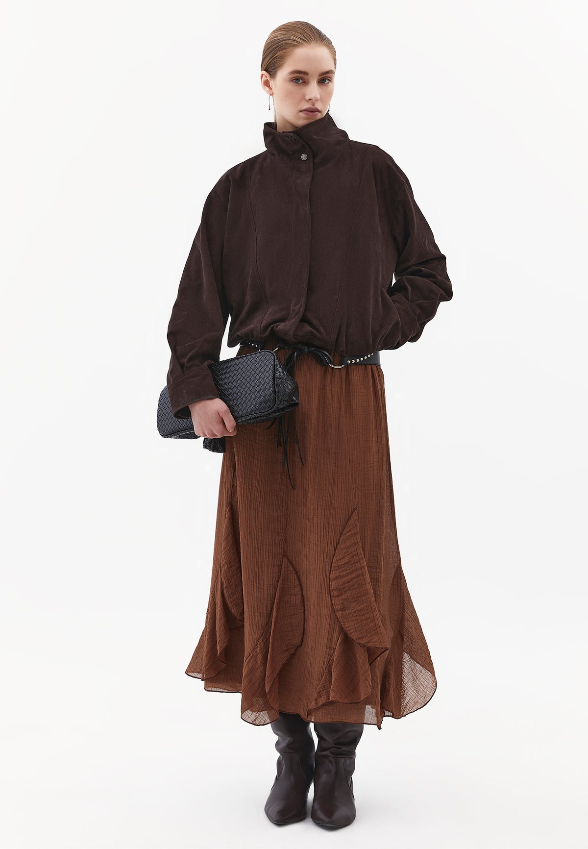 High Waist Ruffled Midi Skirt - Brown
