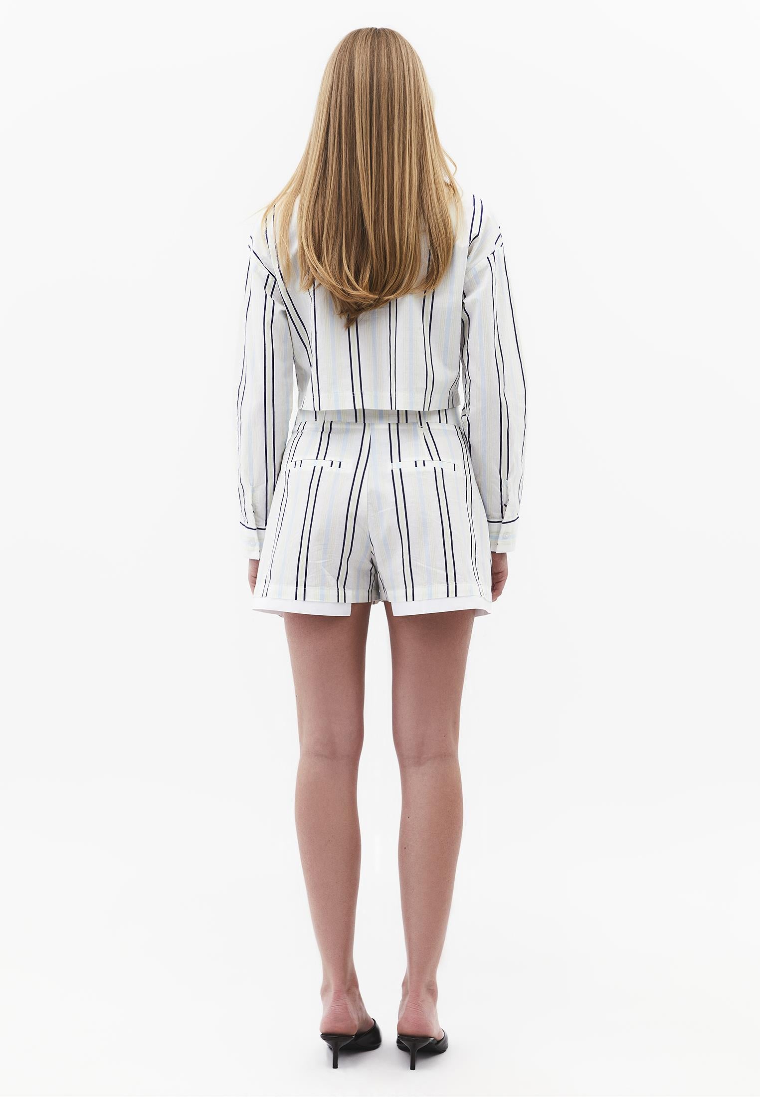 Pleated Striped High Waist Shorts - COLOR STRIPE COMB