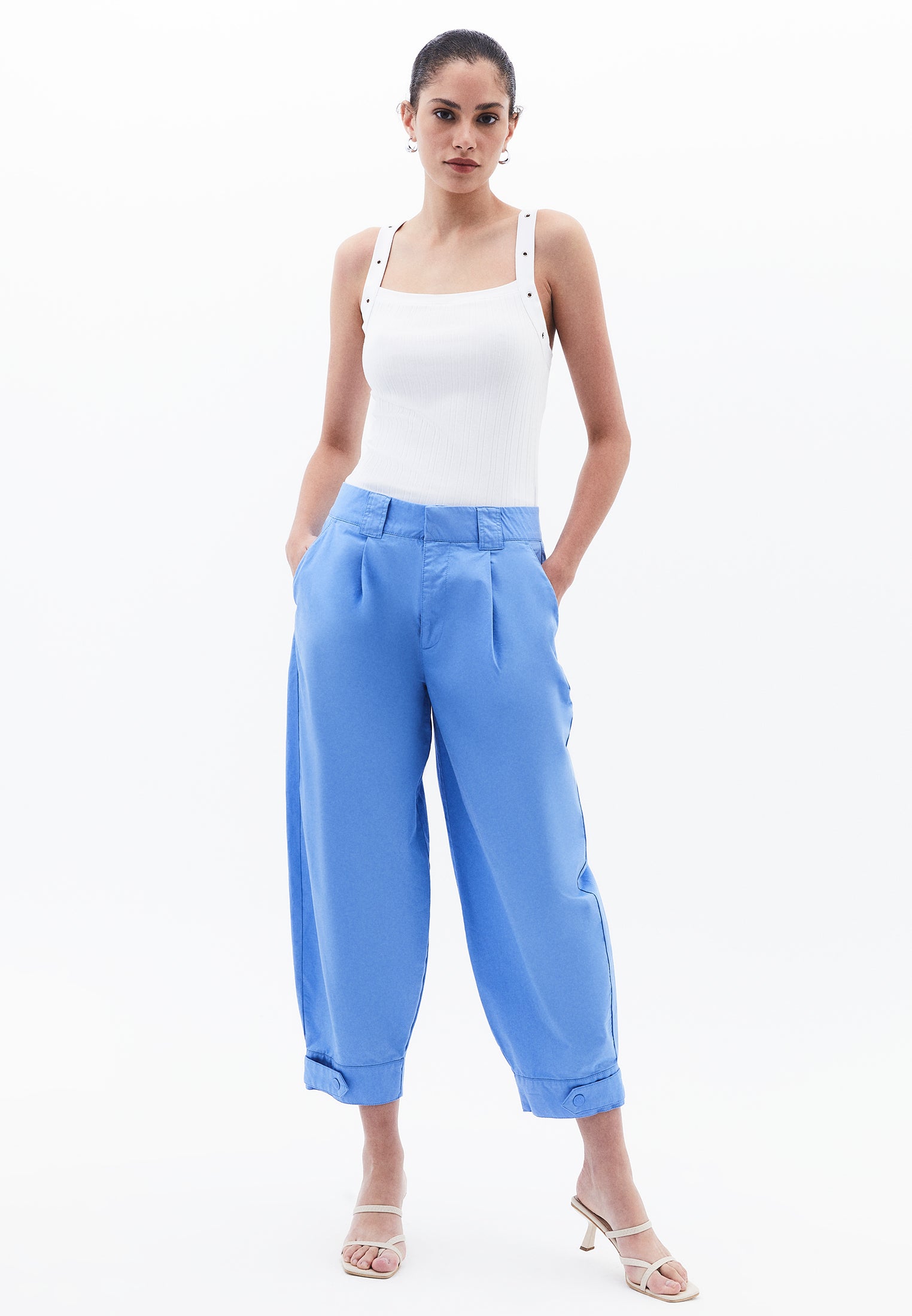 Pleated High Waist Barrel Leg Pants - CORNFLOWER