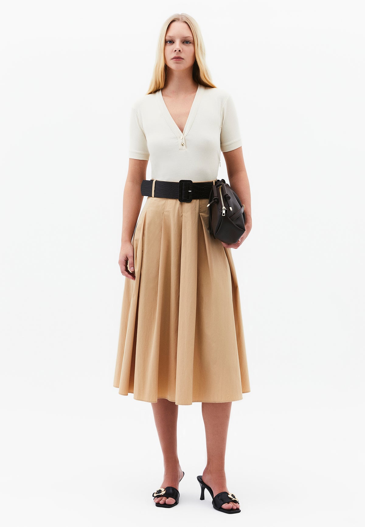 V Neck Midi A-Line Dress - Beige