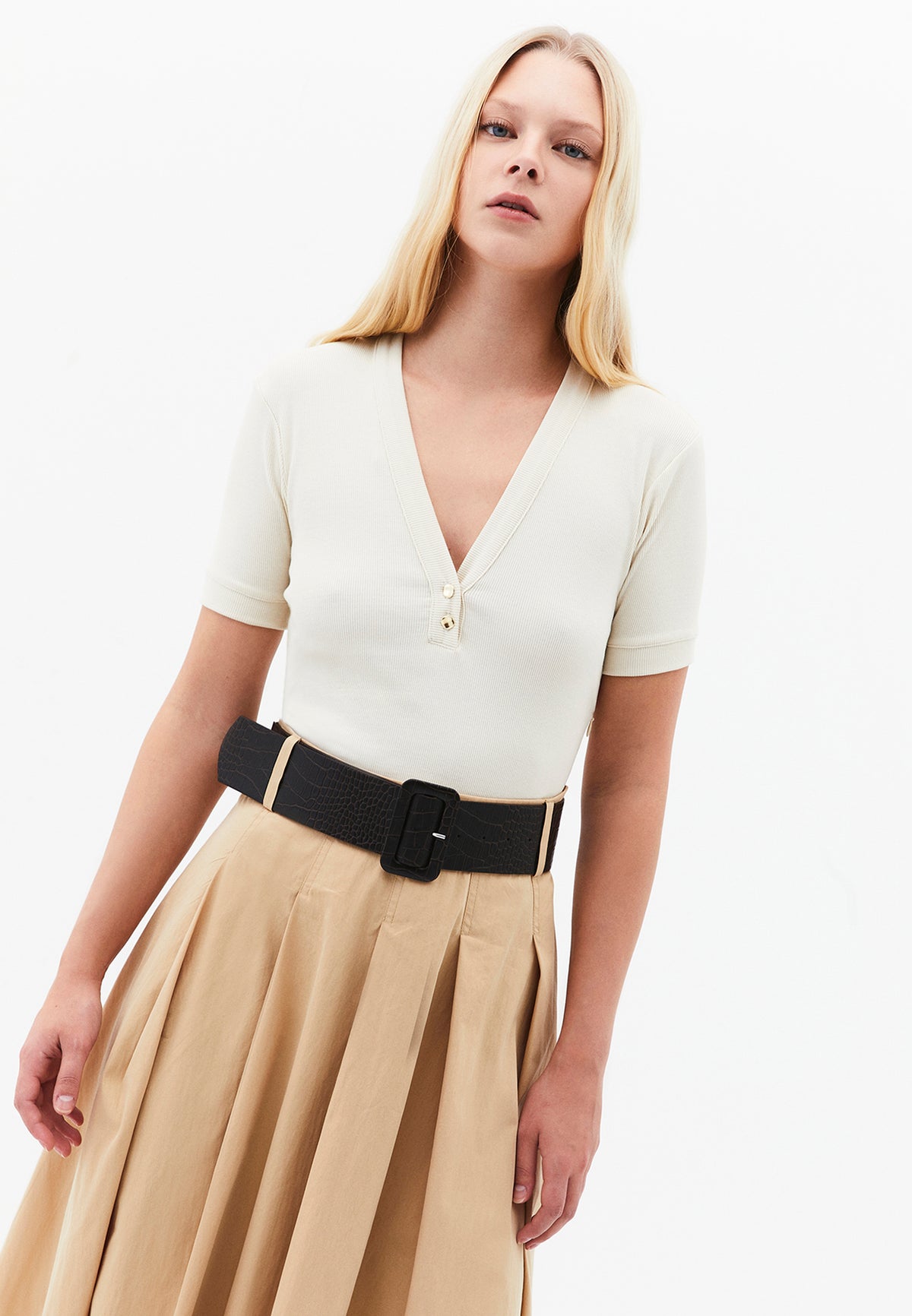 V Neck Midi A-Line Dress - Beige