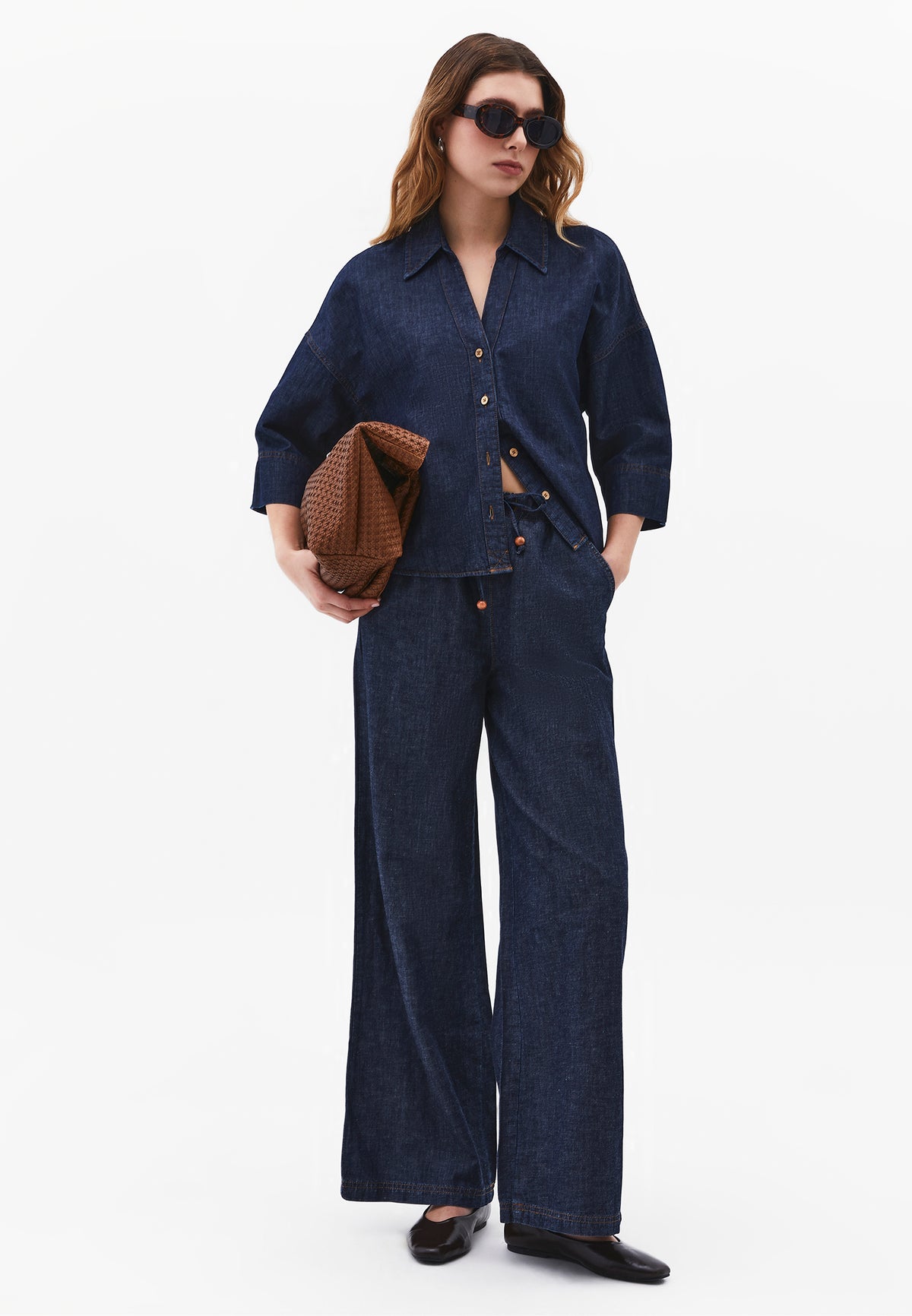 High Waist Wide Leg Denim Pants - DARK BLUE DENIM