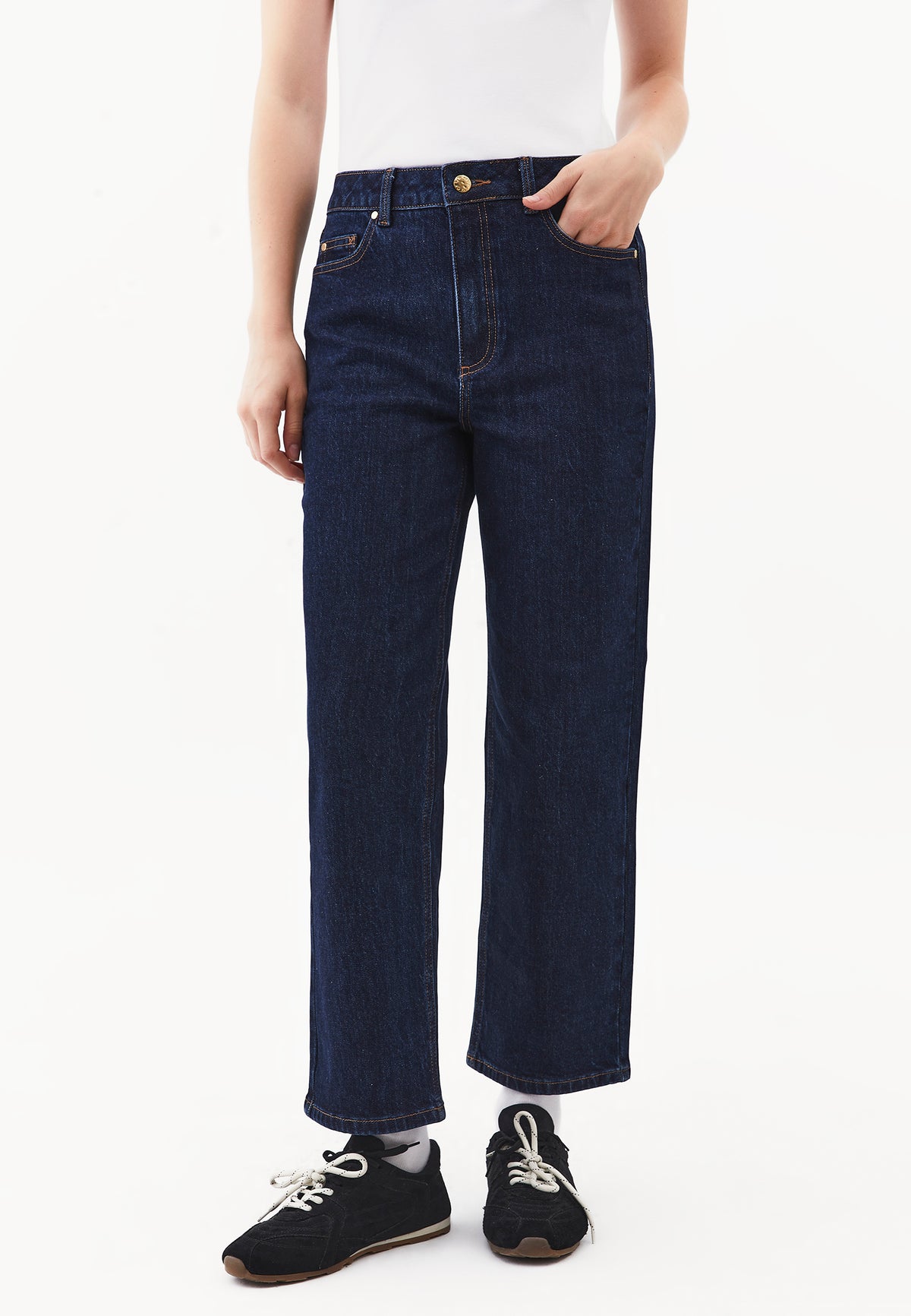 Straight Leg High Waist Pants with Pocket Details - Navy Blue