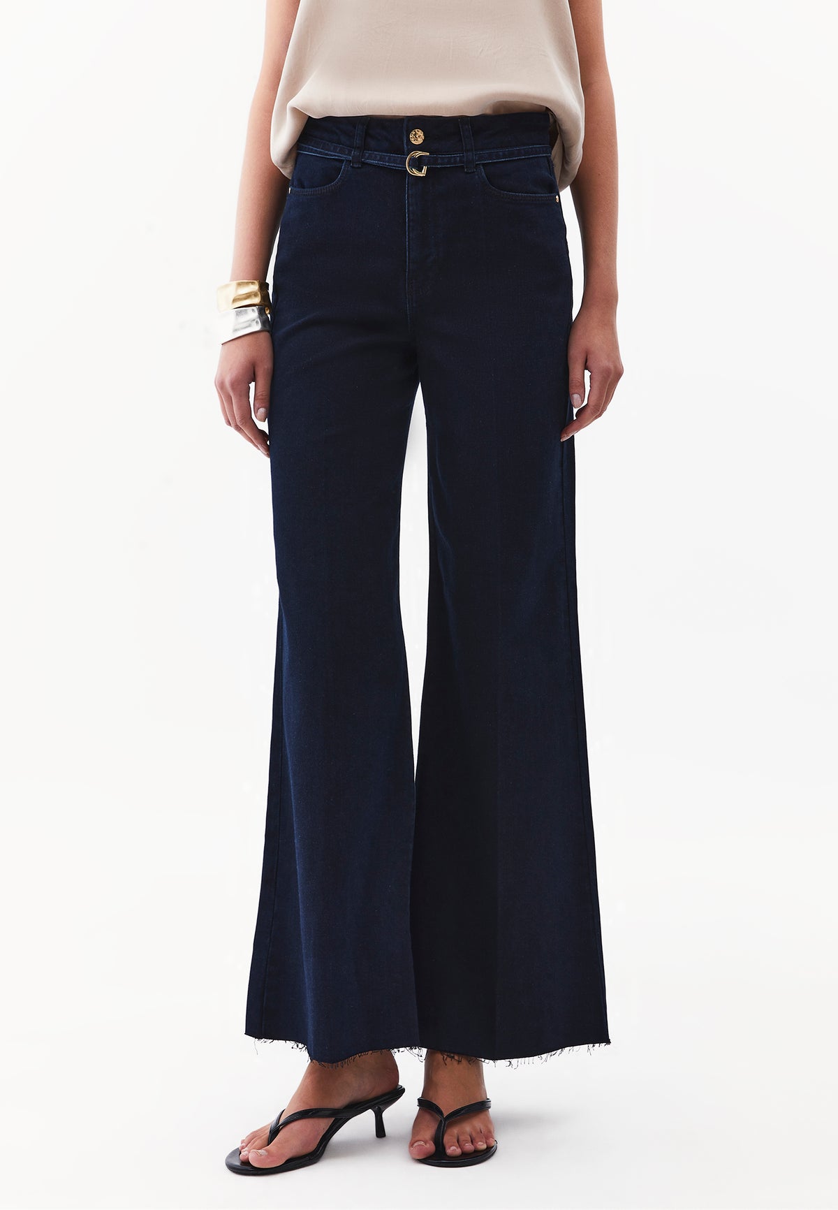 Wide Leg Belted Trousers - Navy Blue