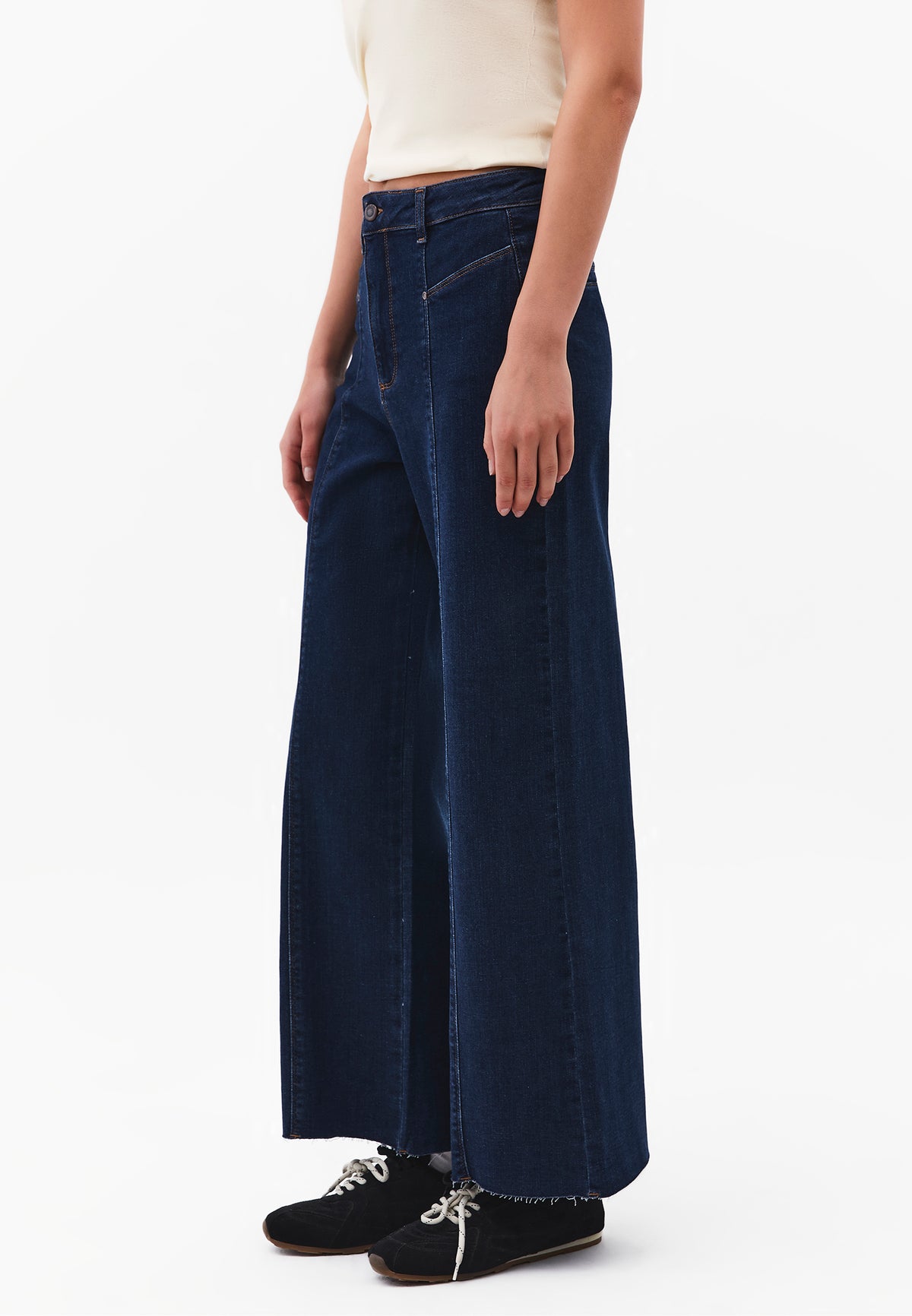 Cropped Wide Leg Cut-Out Pants - DARK BLUE DENIM