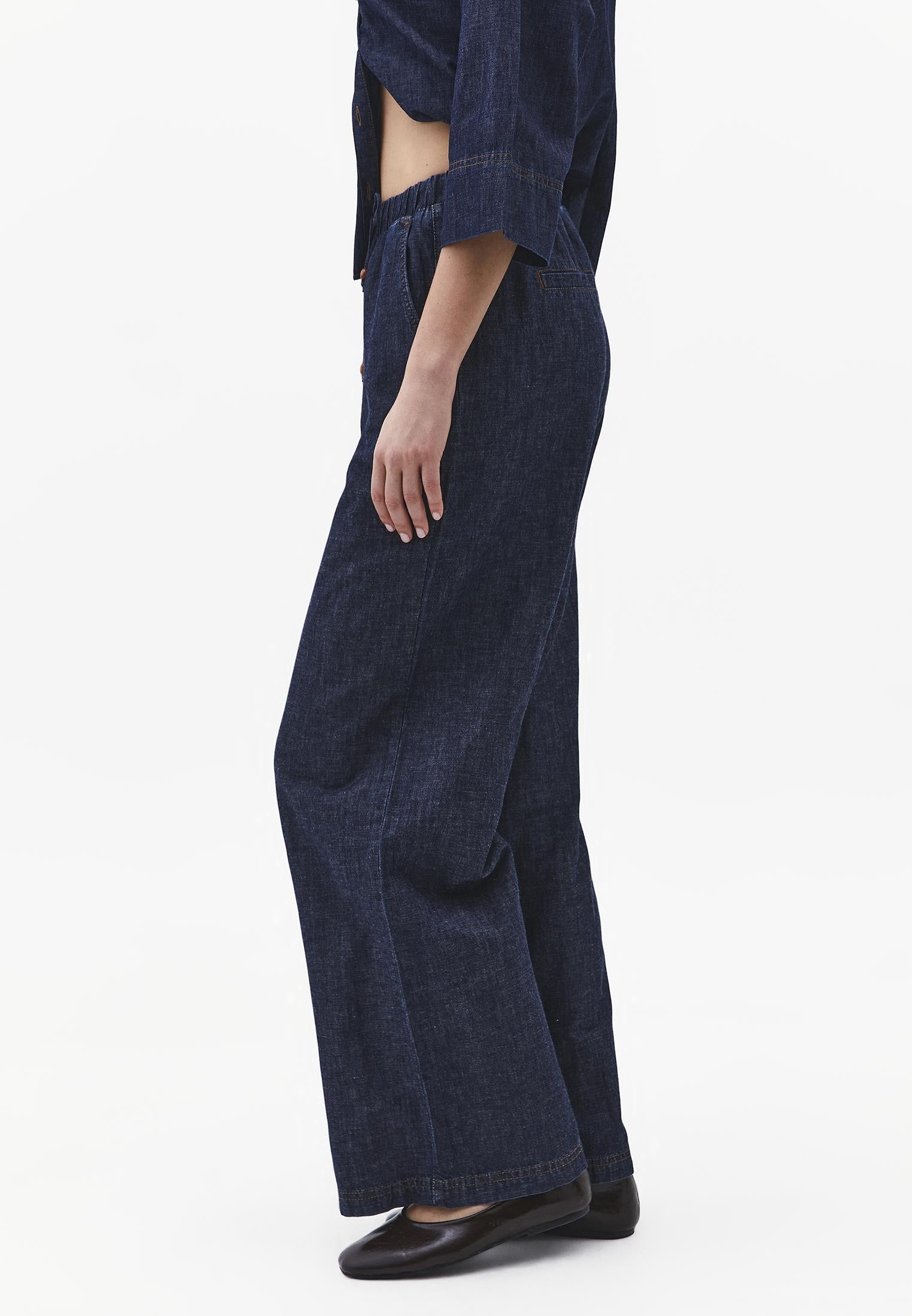 High Waist Wide Leg Denim Pants - DARK BLUE DENIM