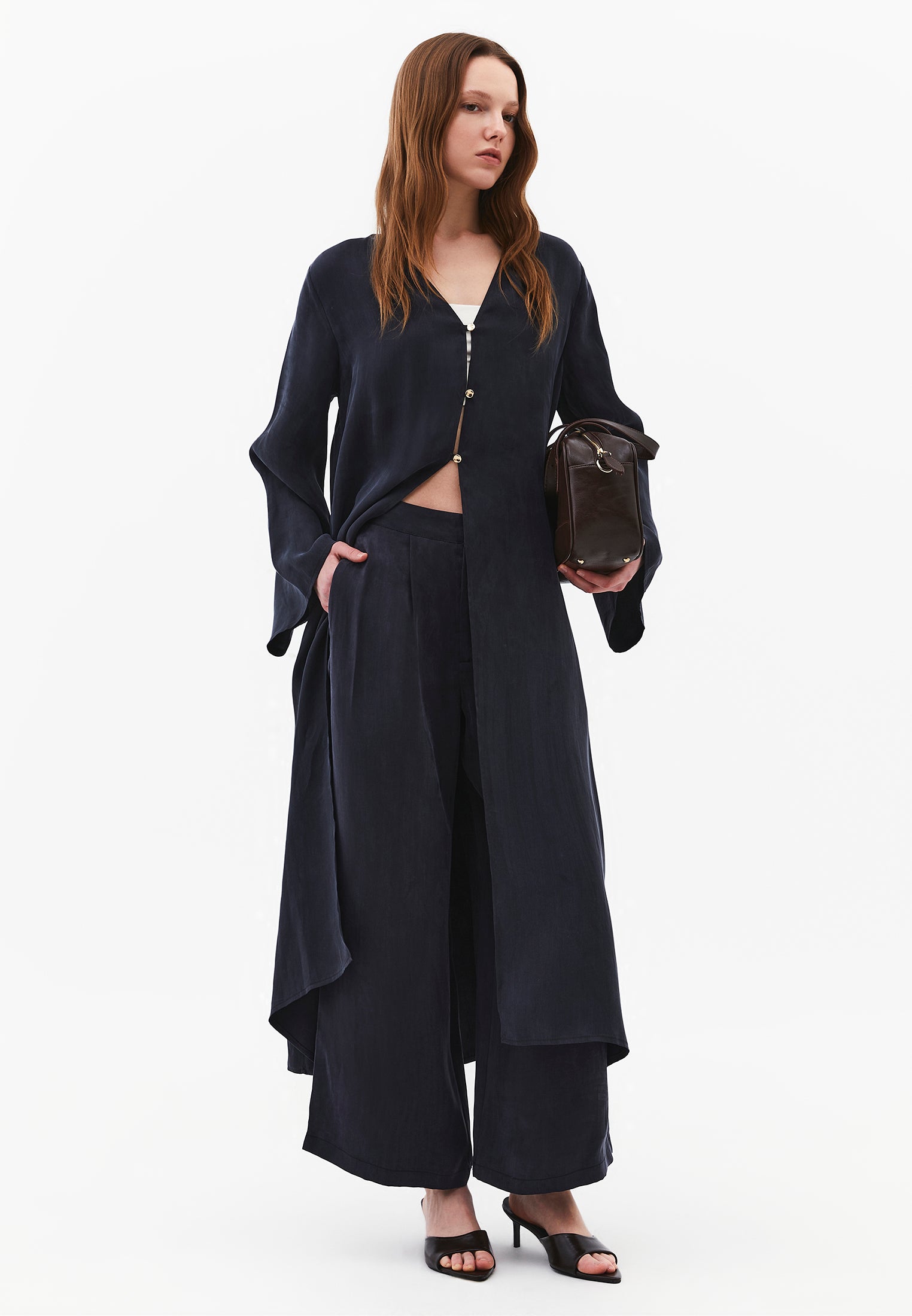 Long Kimono With Button Details - DARK NAVY