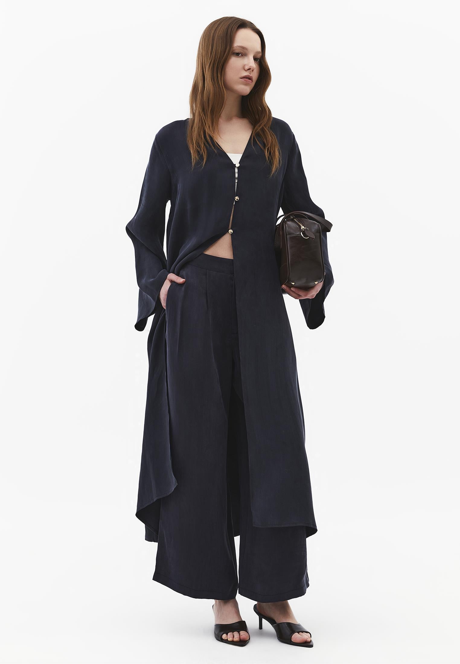 Long Kimono With Button Details - DARK NAVY