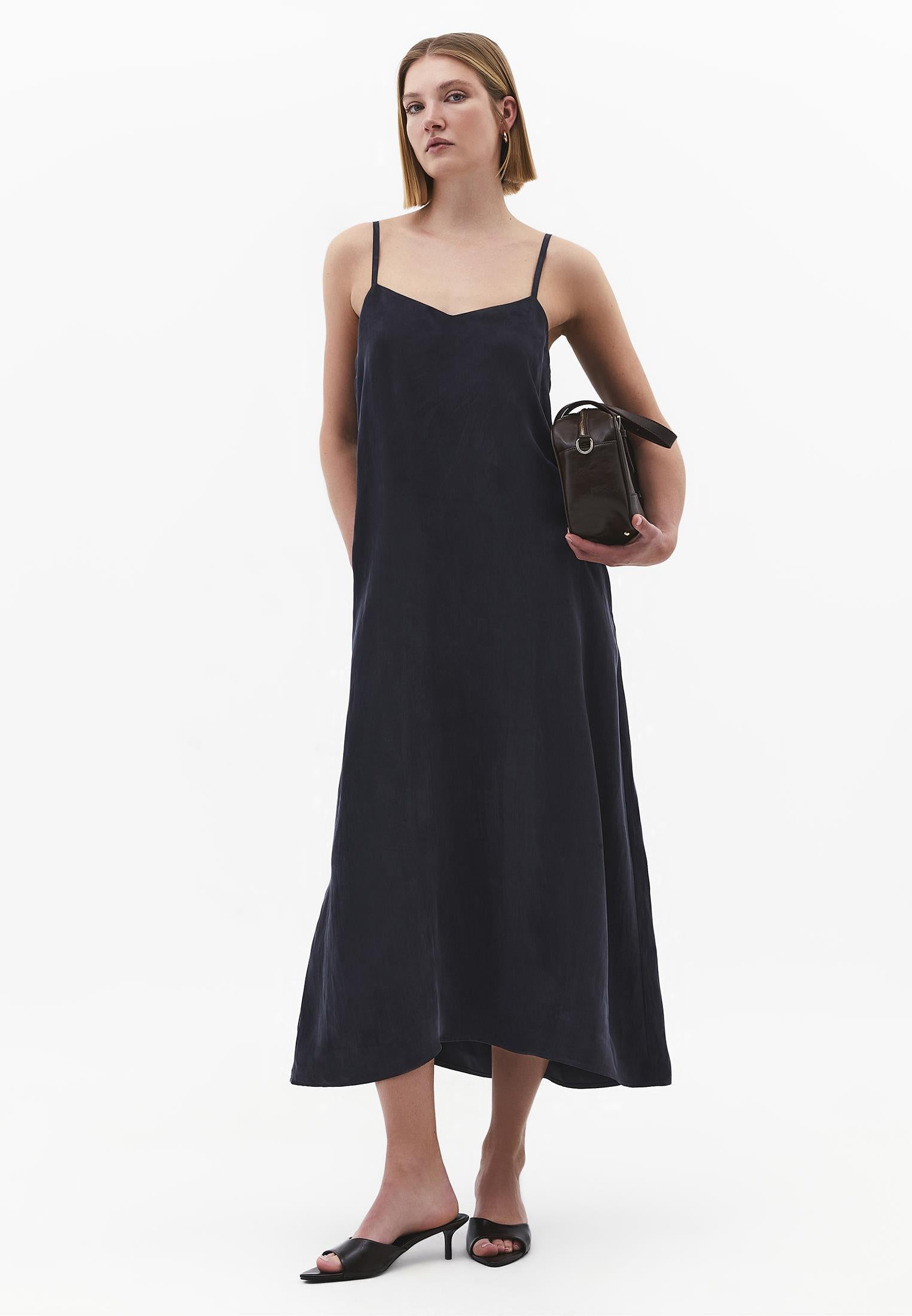 Long A-Line Dress With Straps - DARK NAVY