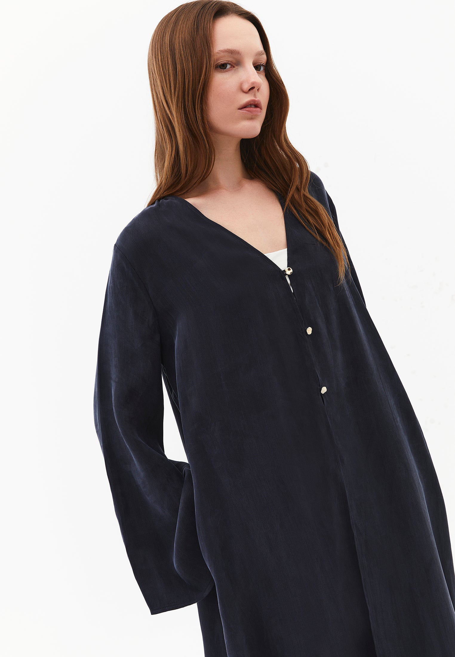 Long Kimono With Button Details - DARK NAVY