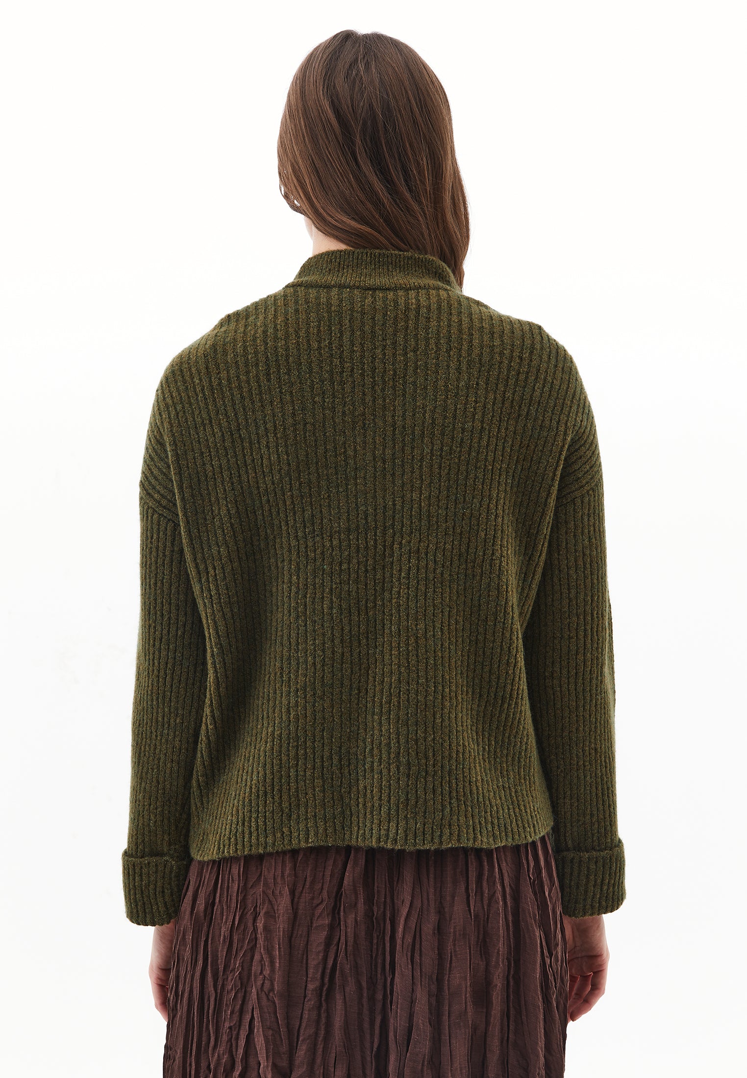 V Neck Knit Sweater - DARK OLIVE