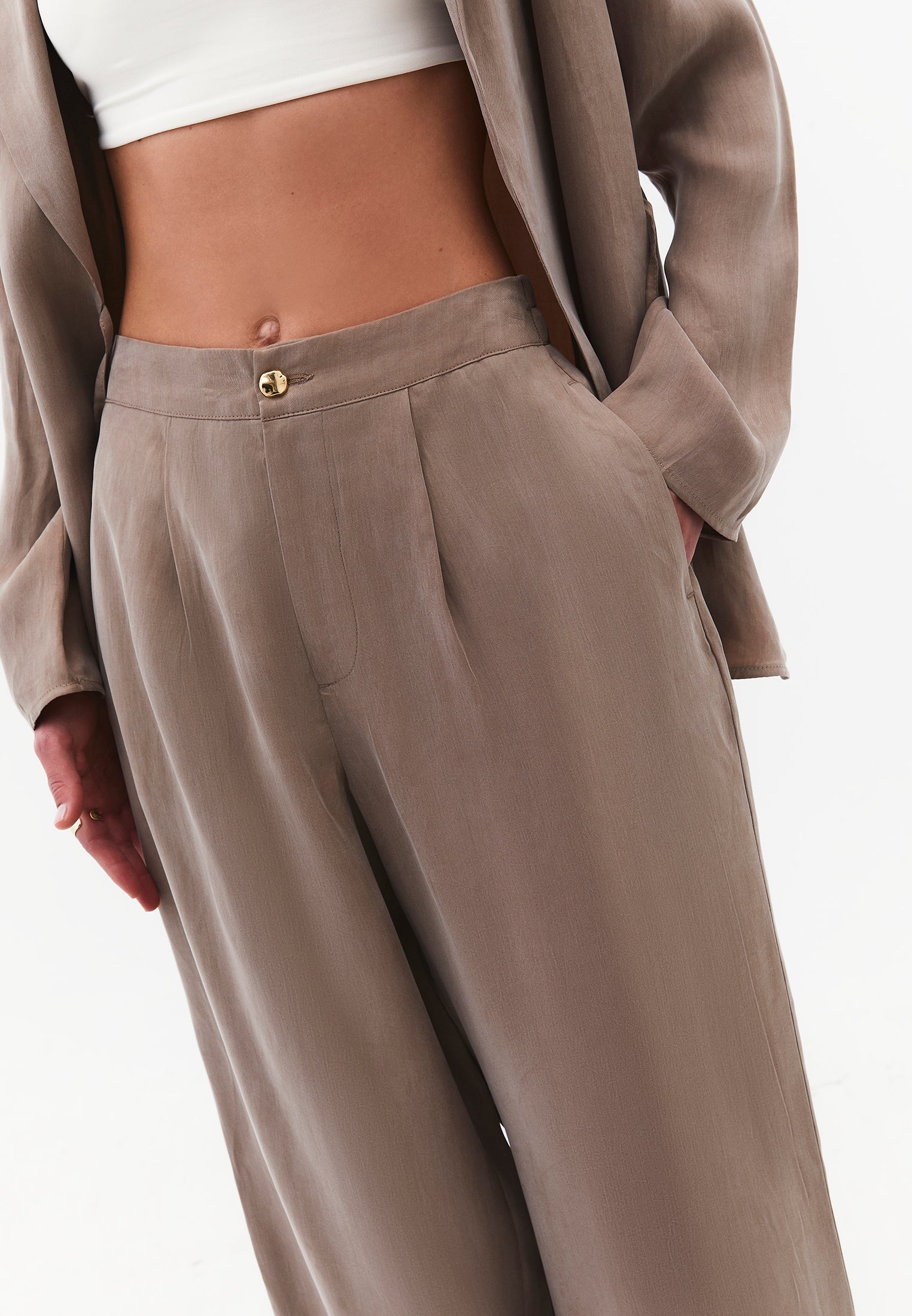 Ultra High Waist Straight Pants With Button Detail - DESERT TAUPE