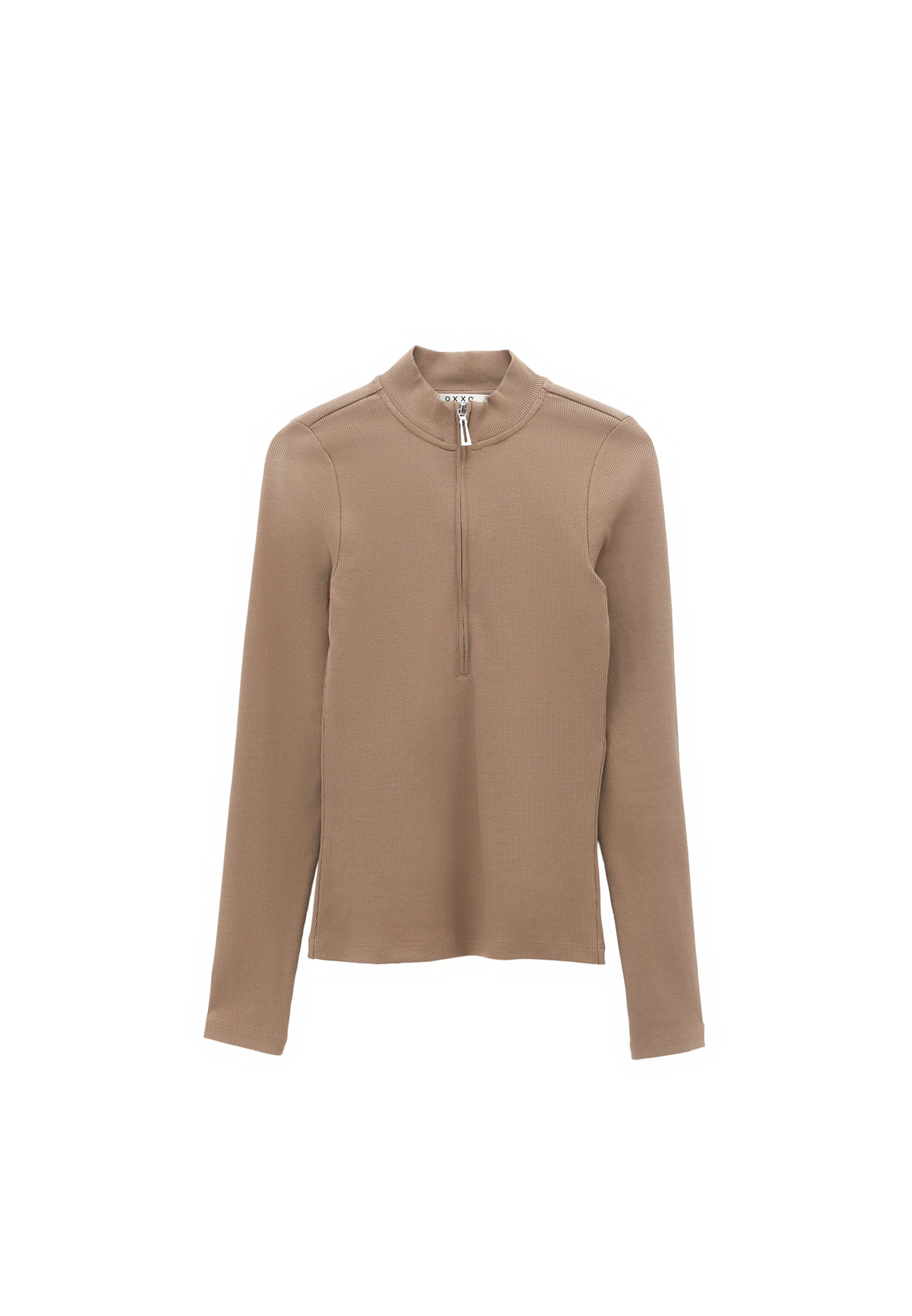 Zipper detailed high neck t-shirt - DESERT TAUPE