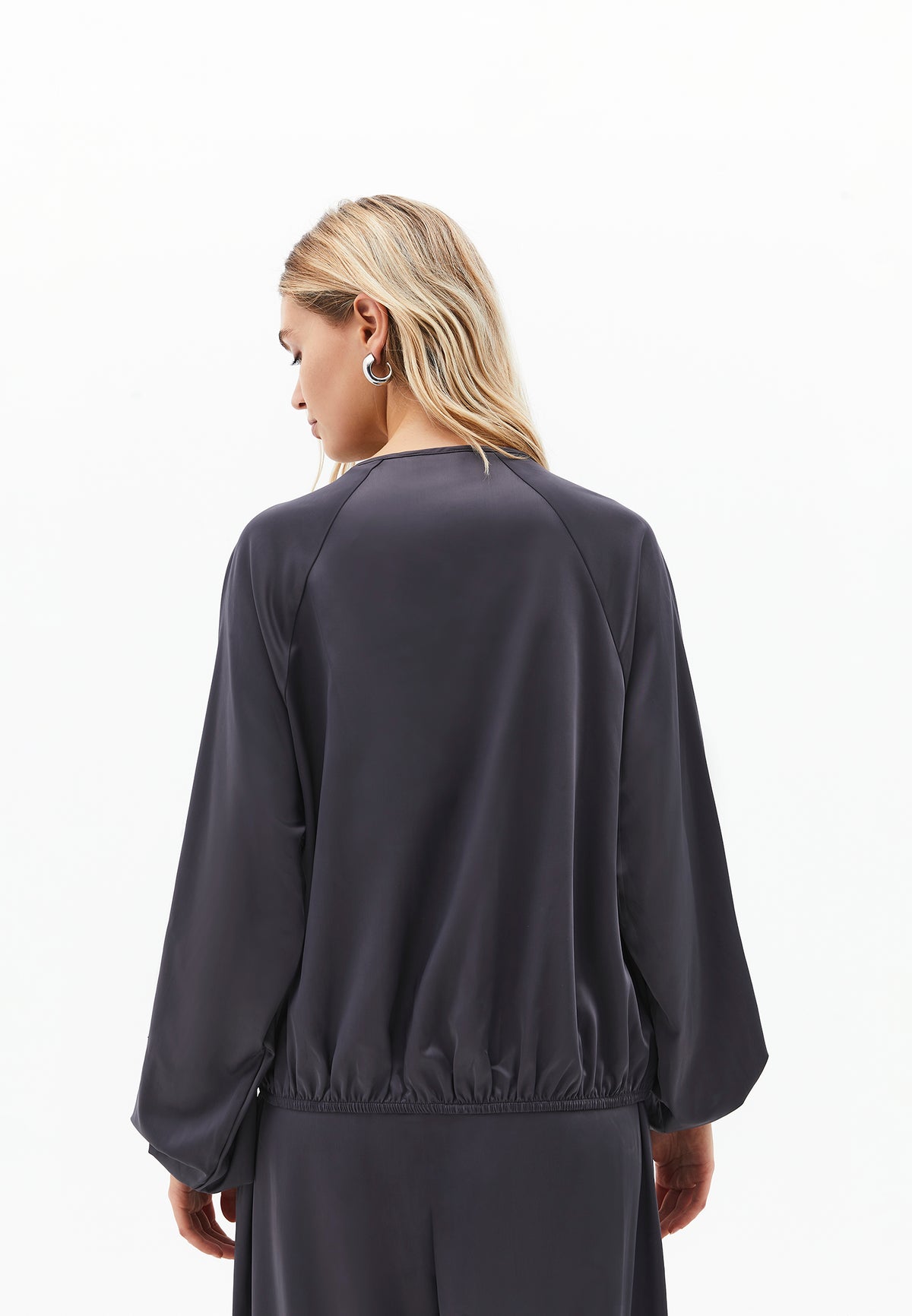 V-Neck Tie Long Sleeve Blouse - Grey