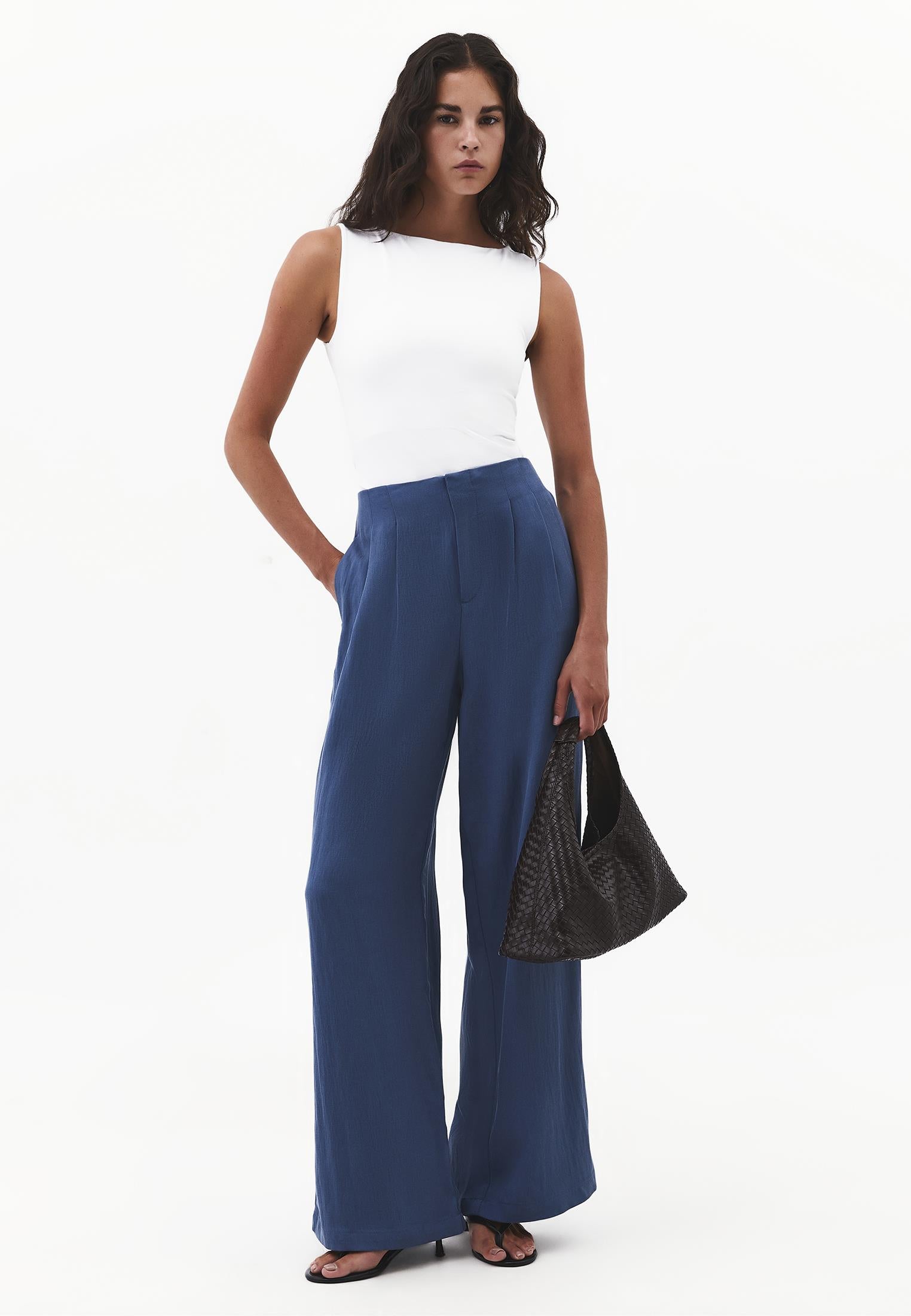 Pleated Ultra High Waist Wide Leg Pants - ENSIGN BLUE