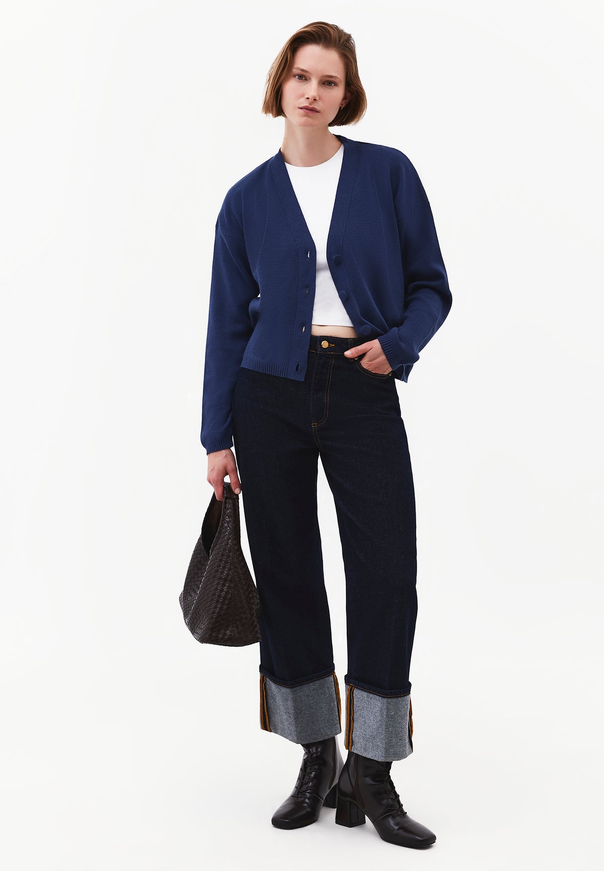 V-Neck Long Sleeve Cardigan - Navy Blue
