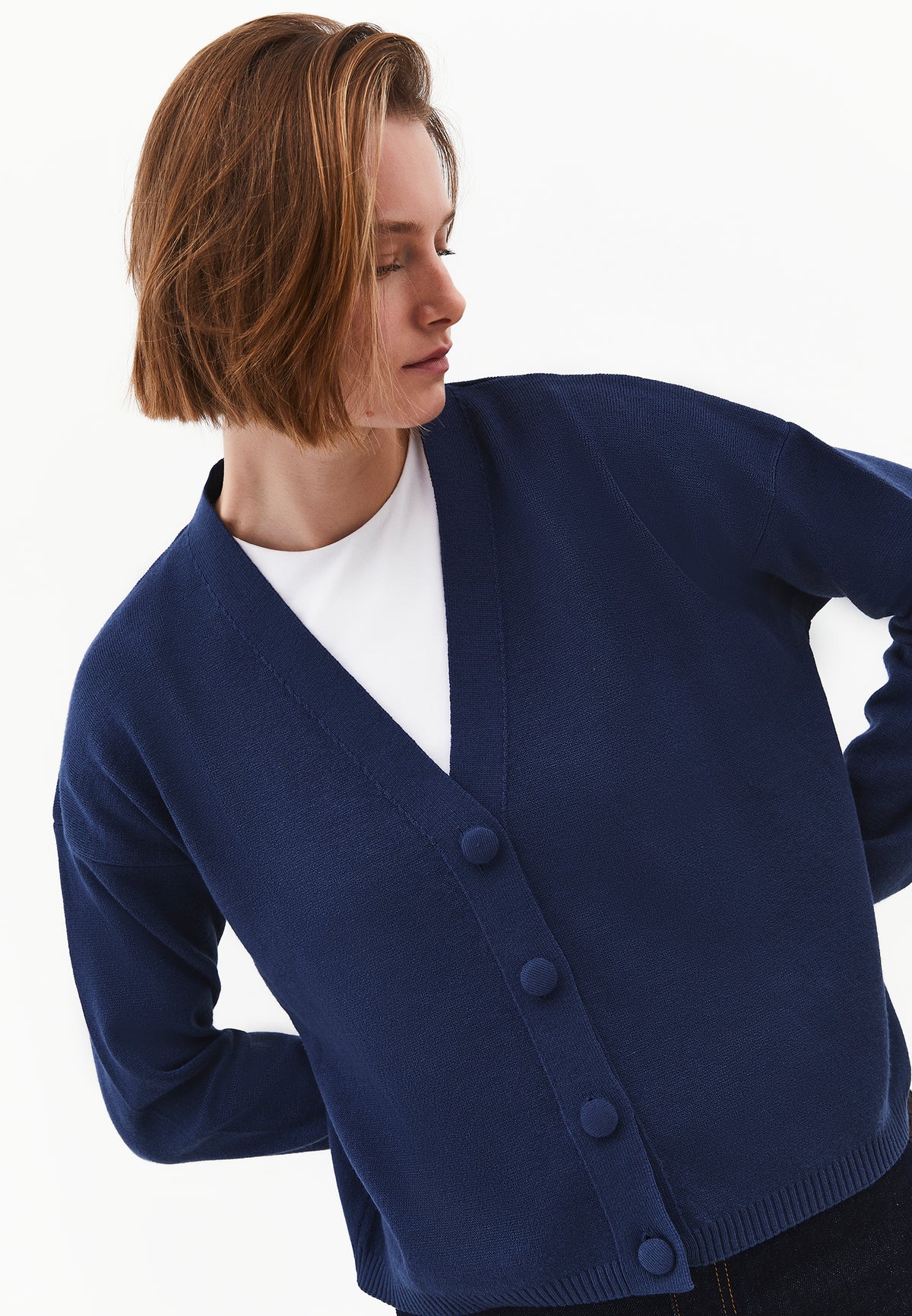 V-Neck Long Sleeve Cardigan - Navy Blue