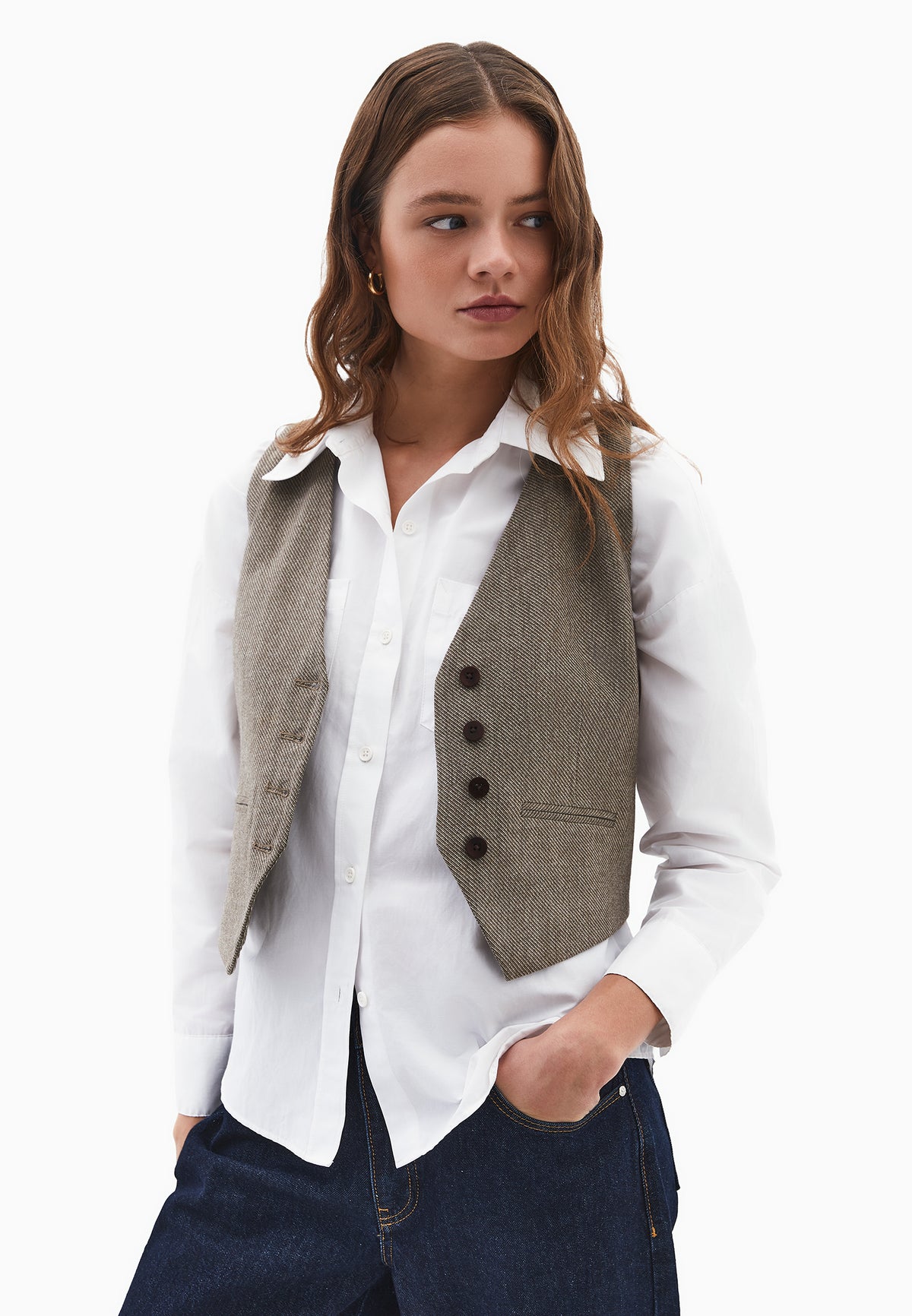 V Neck Wool Vest - Brown