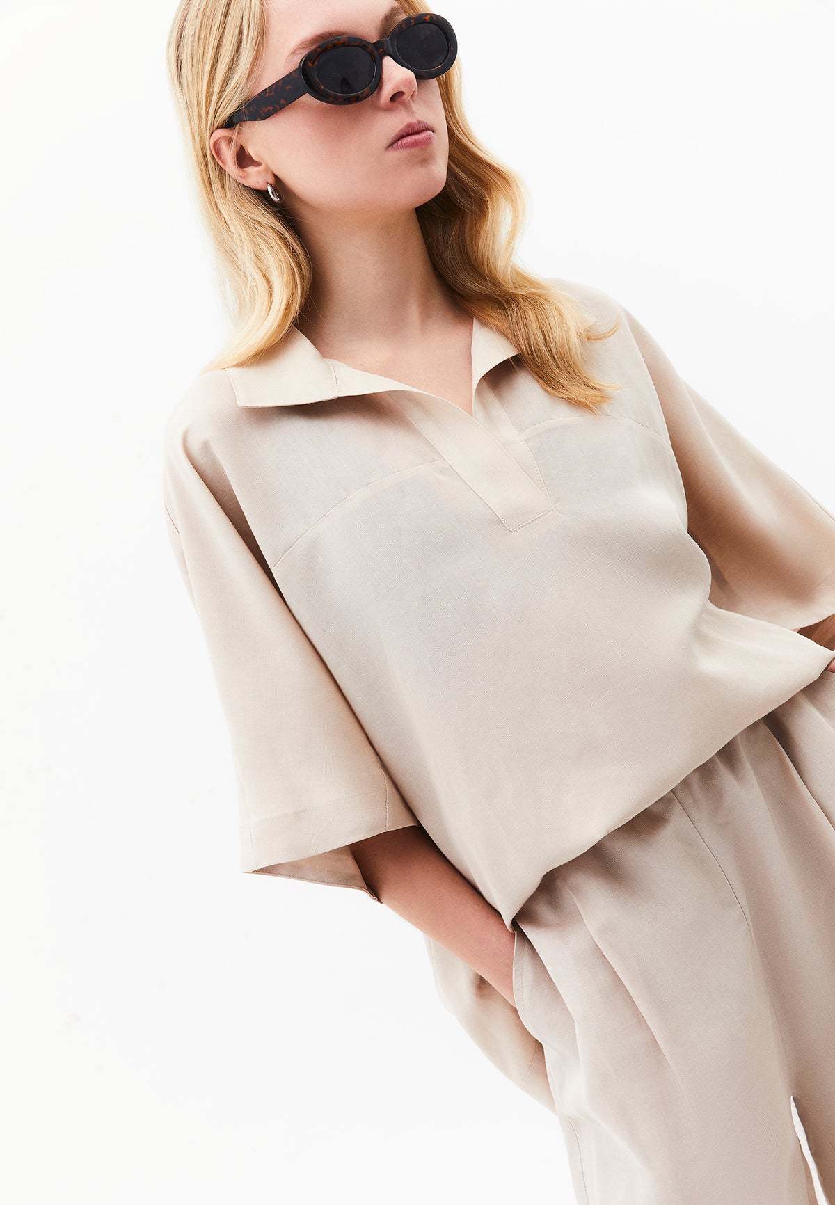 Polo Neck Batwing Sleeve Oversize Blouse - Beige