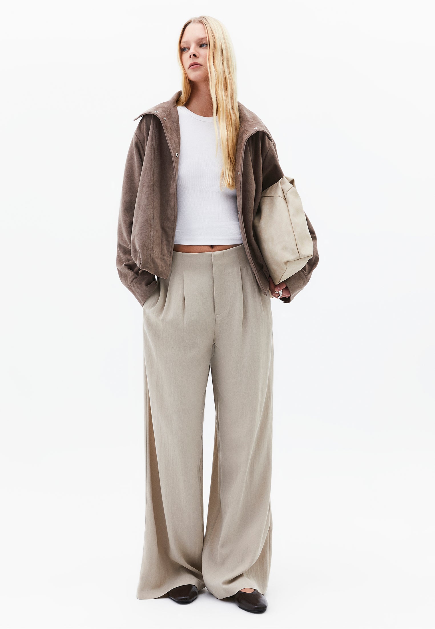 Ultra High Waist Wide Leg Pleated Pants - FEATHER GRAY