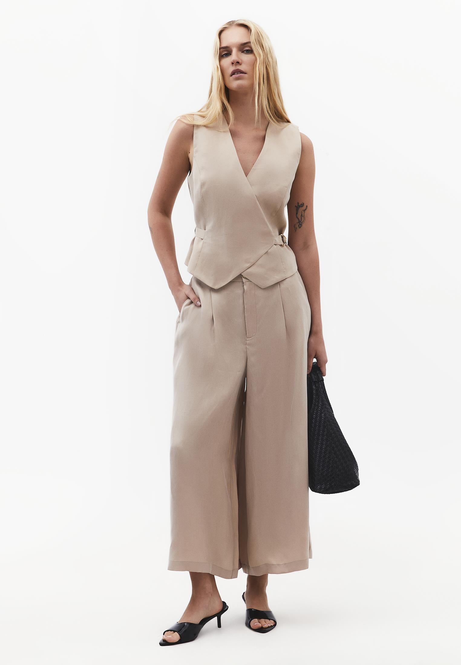 Wide Leg High Waist Trousers with Pleat Details - FEATHER GRAY