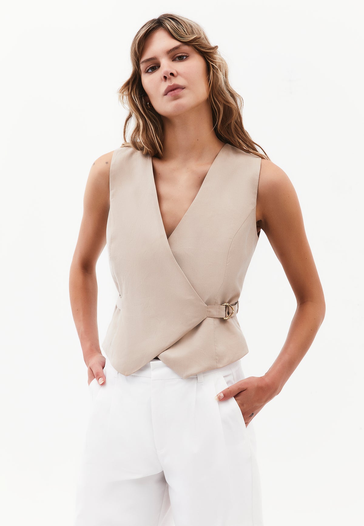 Belted Wrap Vest - FEATHER GRAY