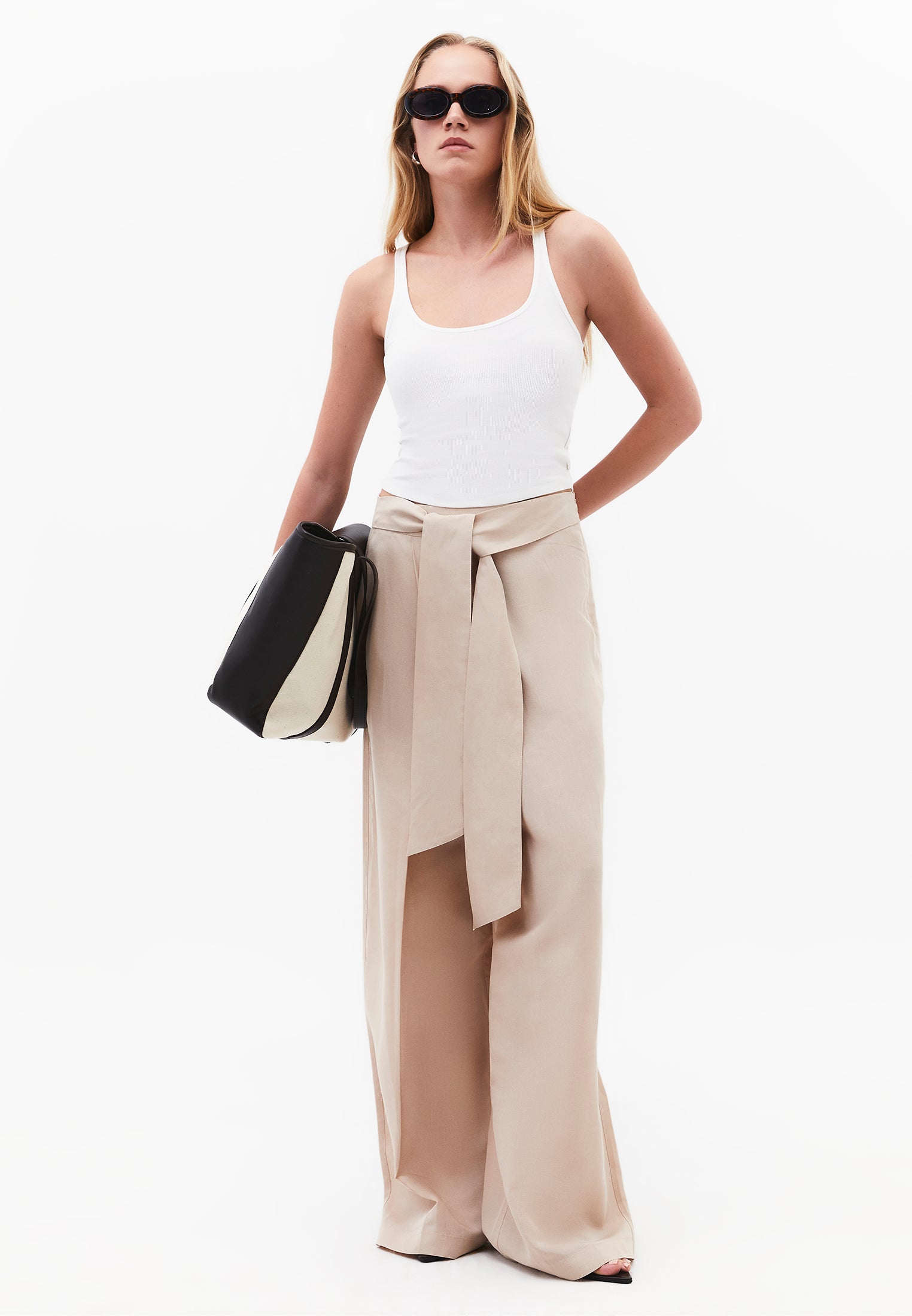 Belted High Waist Wide Leg Pants - FEATHER GRAY