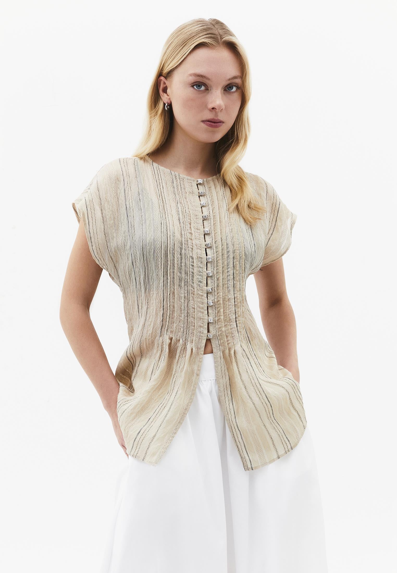 Embroidered Crew Neck Tunic Blouse - FEATHER GRAY