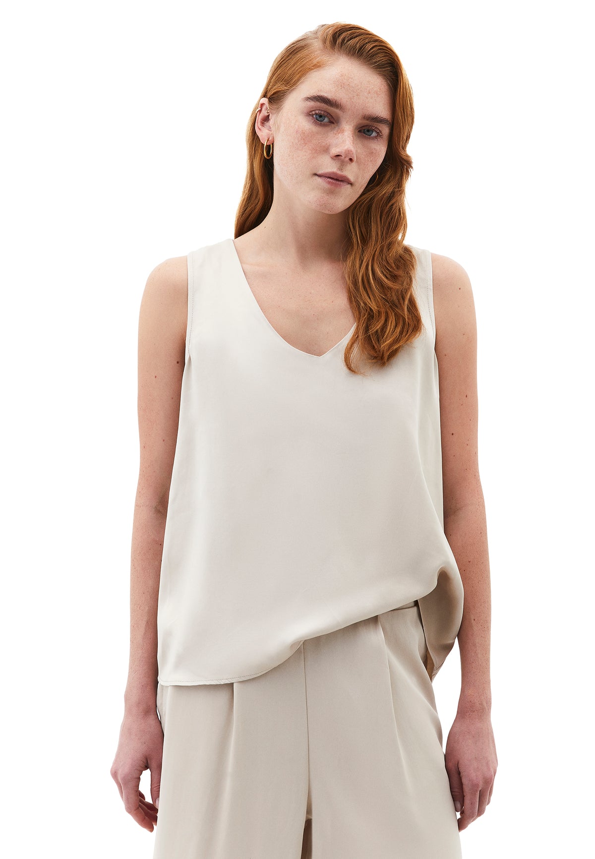 U Neck Tank Top With Button Details - Beige
