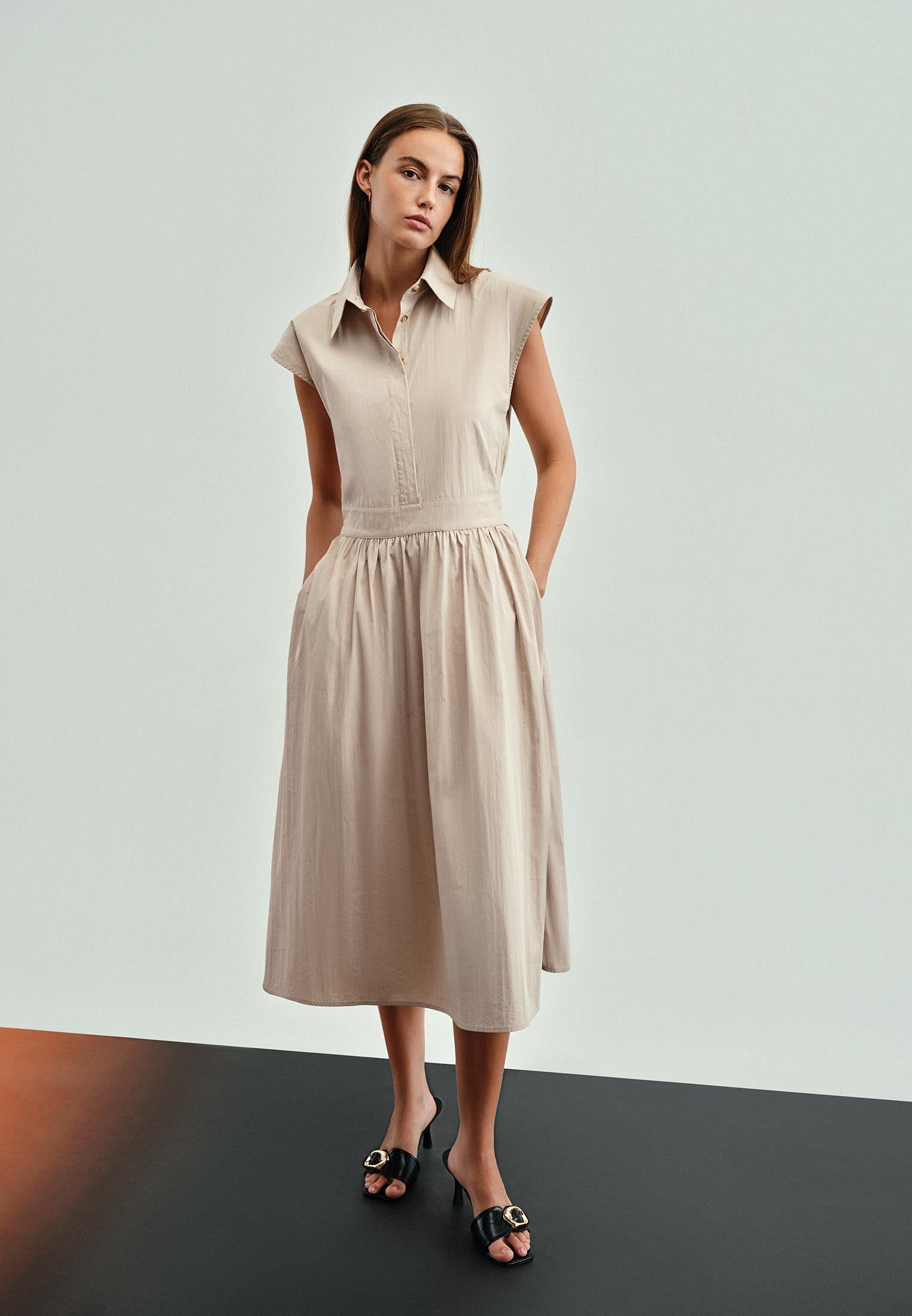 Shirt Collar Long Woven Dress - FEATHER GRAY