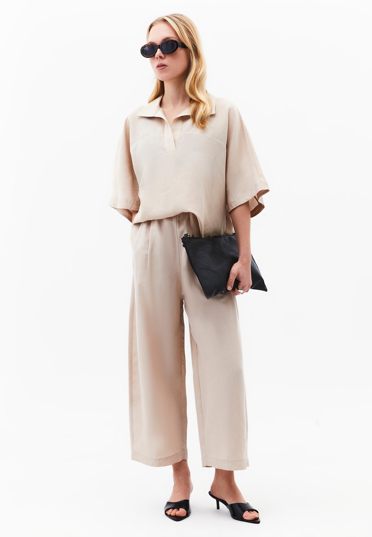Polo Neck Batwing Sleeve Oversize Blouse - Beige
