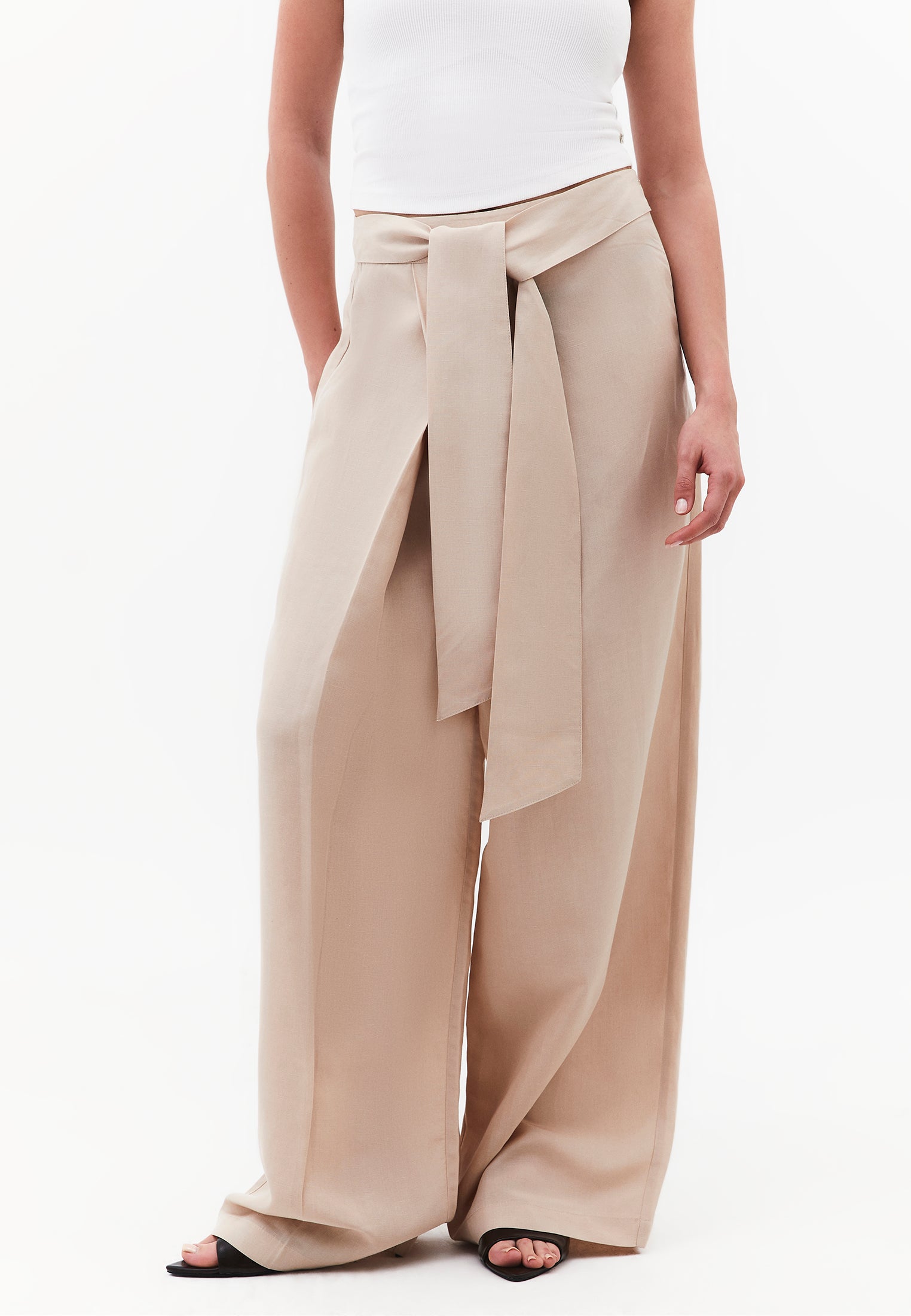 Belted High Waist Wide Leg Pants - FEATHER GRAY