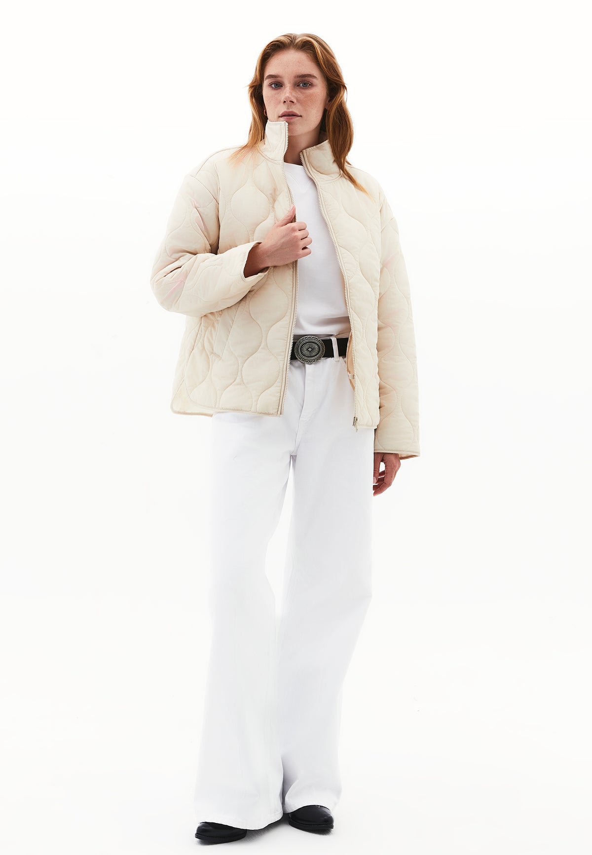 High Collar Quilted Coat - Beige